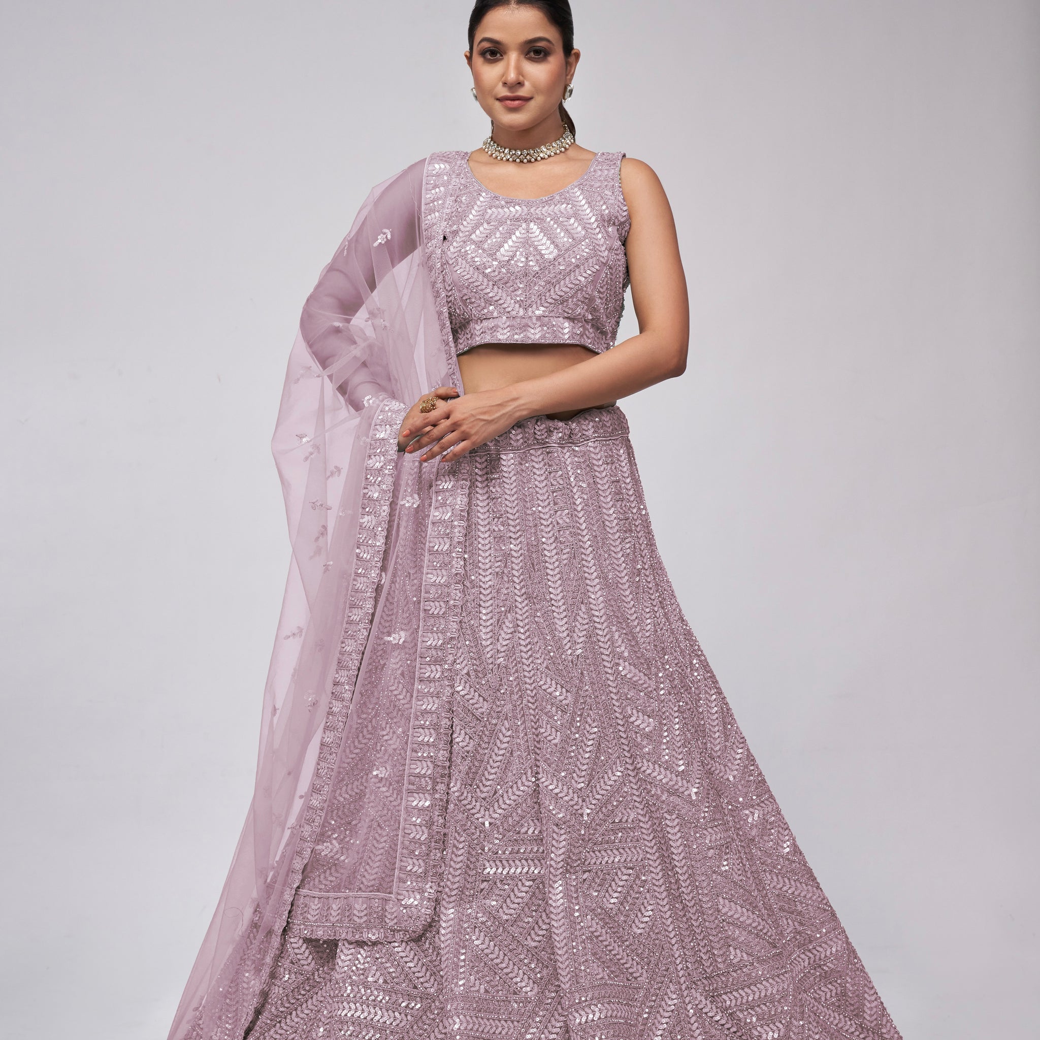 Elegant Mauve Net Lehenga with Sequin Leaves - Bridal Wear