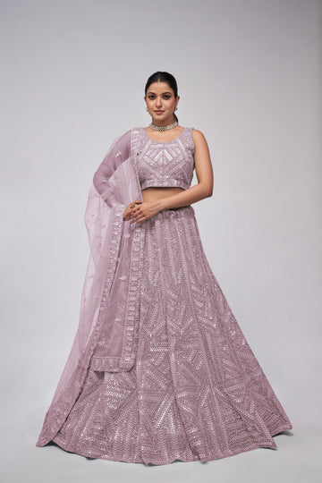 Elegant Mauve Net Lehenga with Sequin Leaves - Bridal Wear