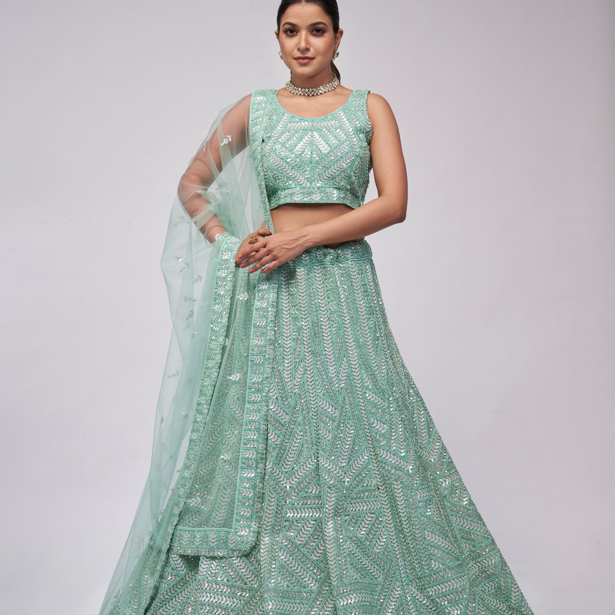 Elegant Sky Blue Sequins Work Lehenga Set