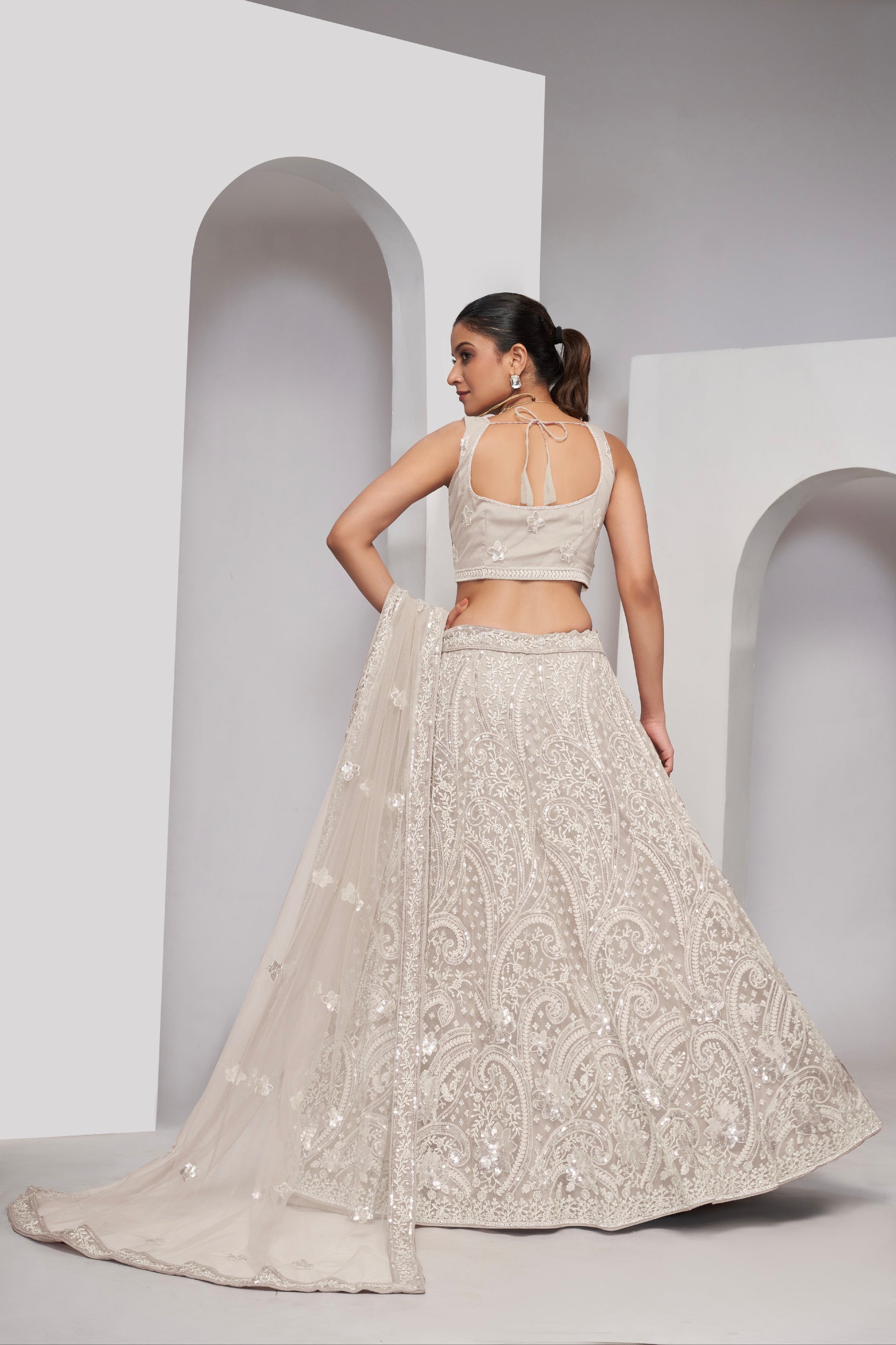 Ivory Paisley Patterned Lehenga with Sequins & Thread Work