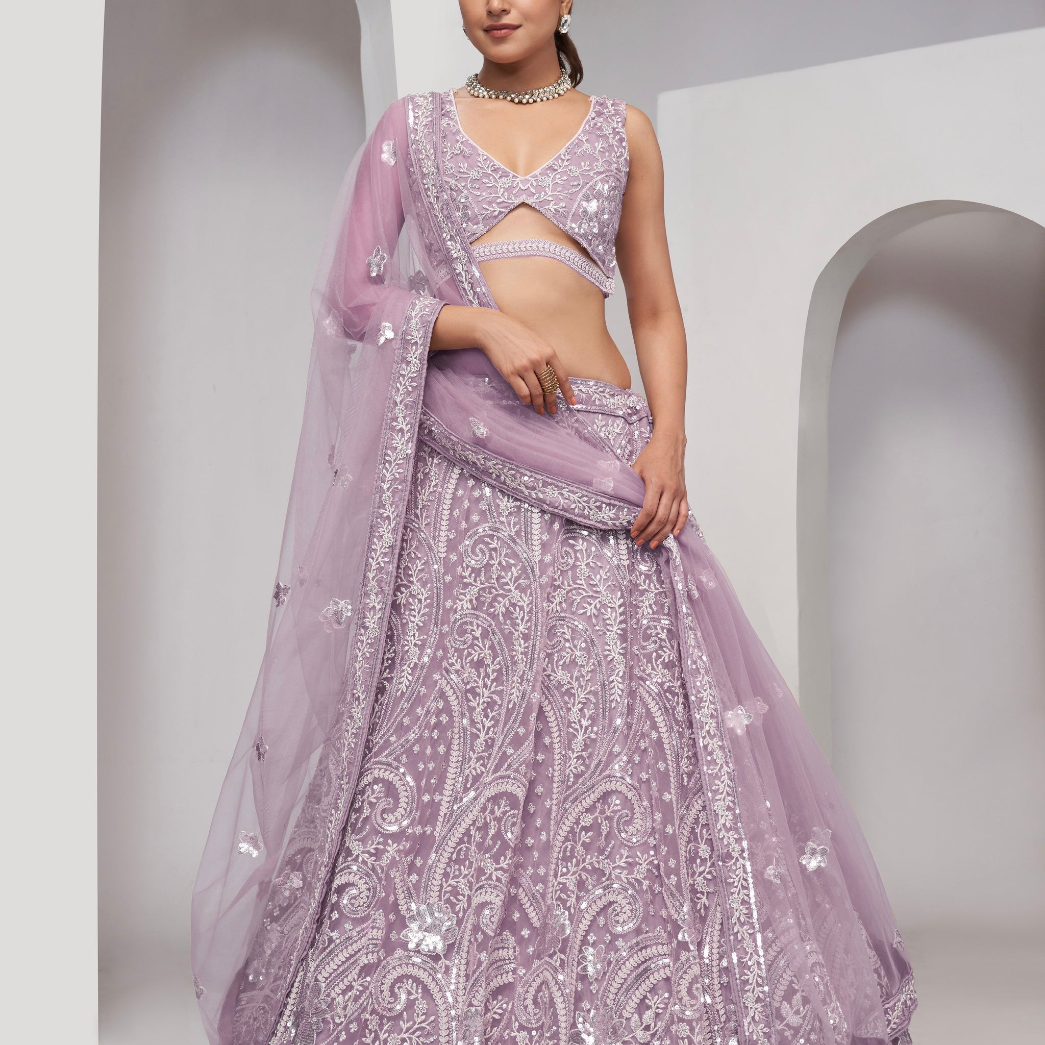 Mauve Paisley Patterned Lehenga with Sequins & Thread Work