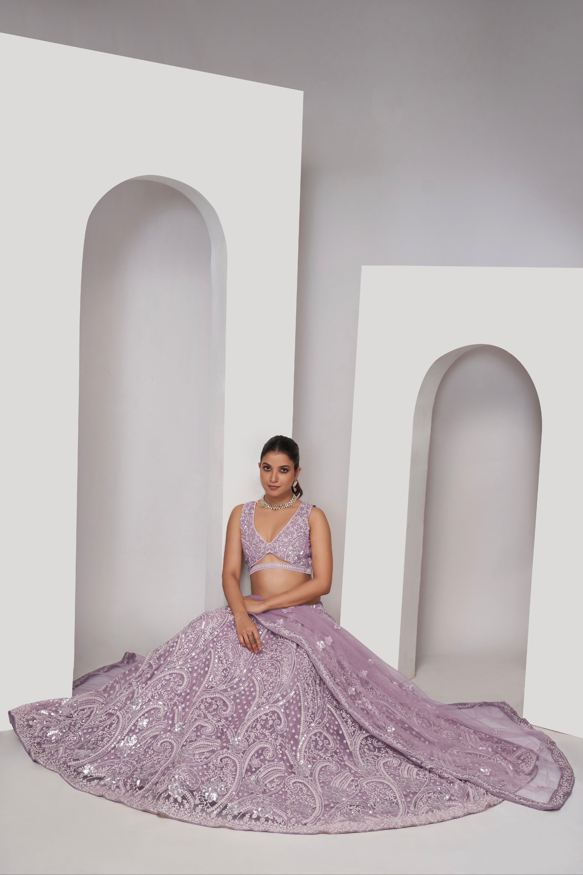 Mauve Paisley Patterned Lehenga with Sequins & Thread Work