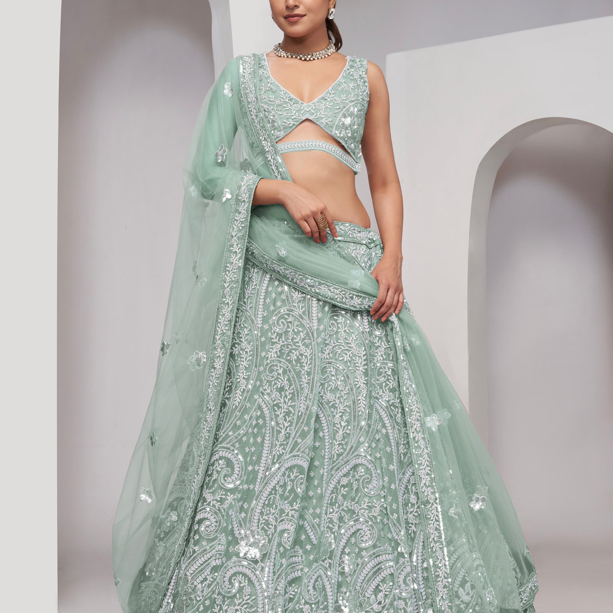 Sky Blue Floral Sequin Lehenga with Soft Net Dupatta