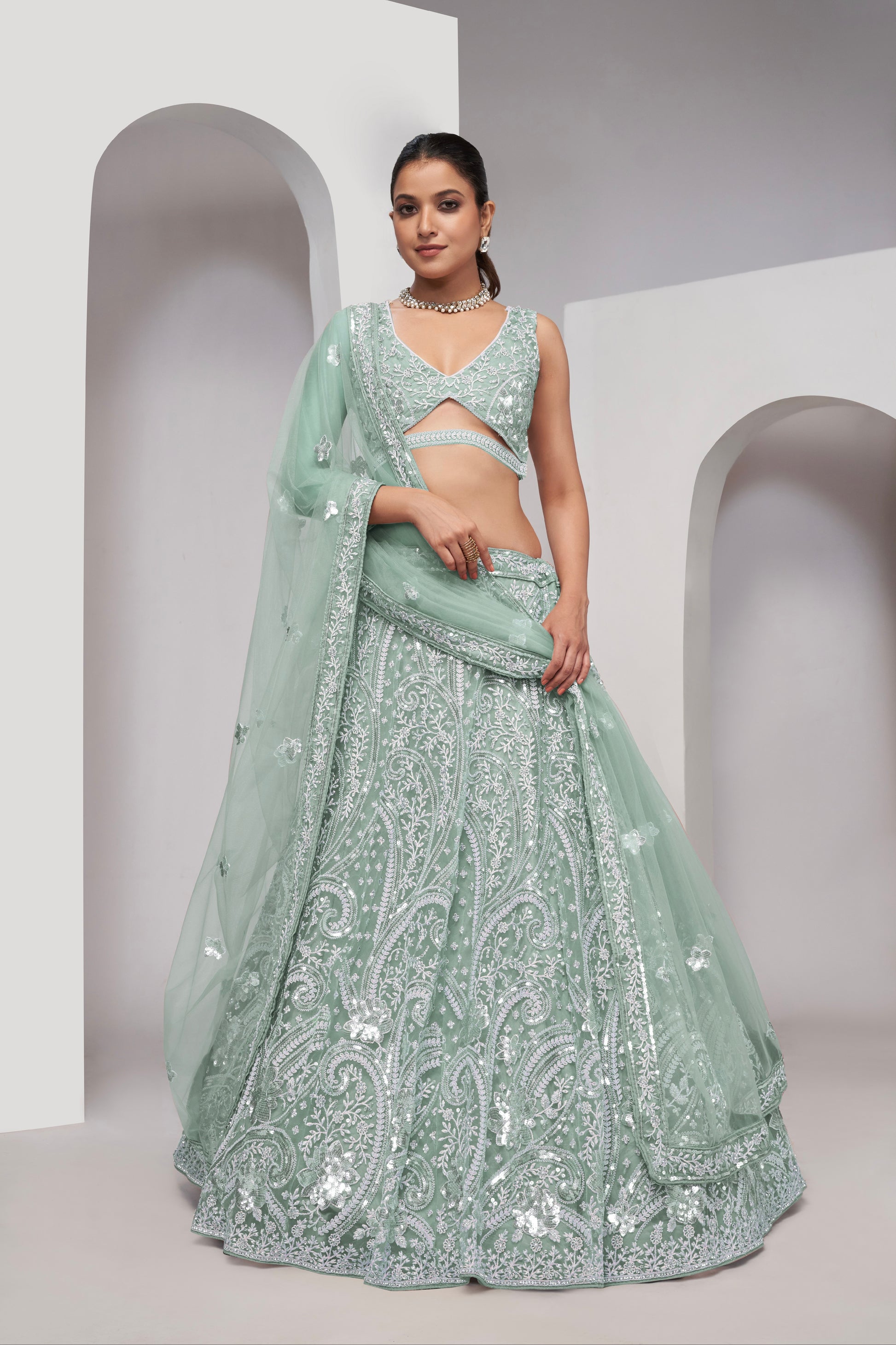 Sky Blue Floral Sequin Lehenga with Soft Net Dupatta