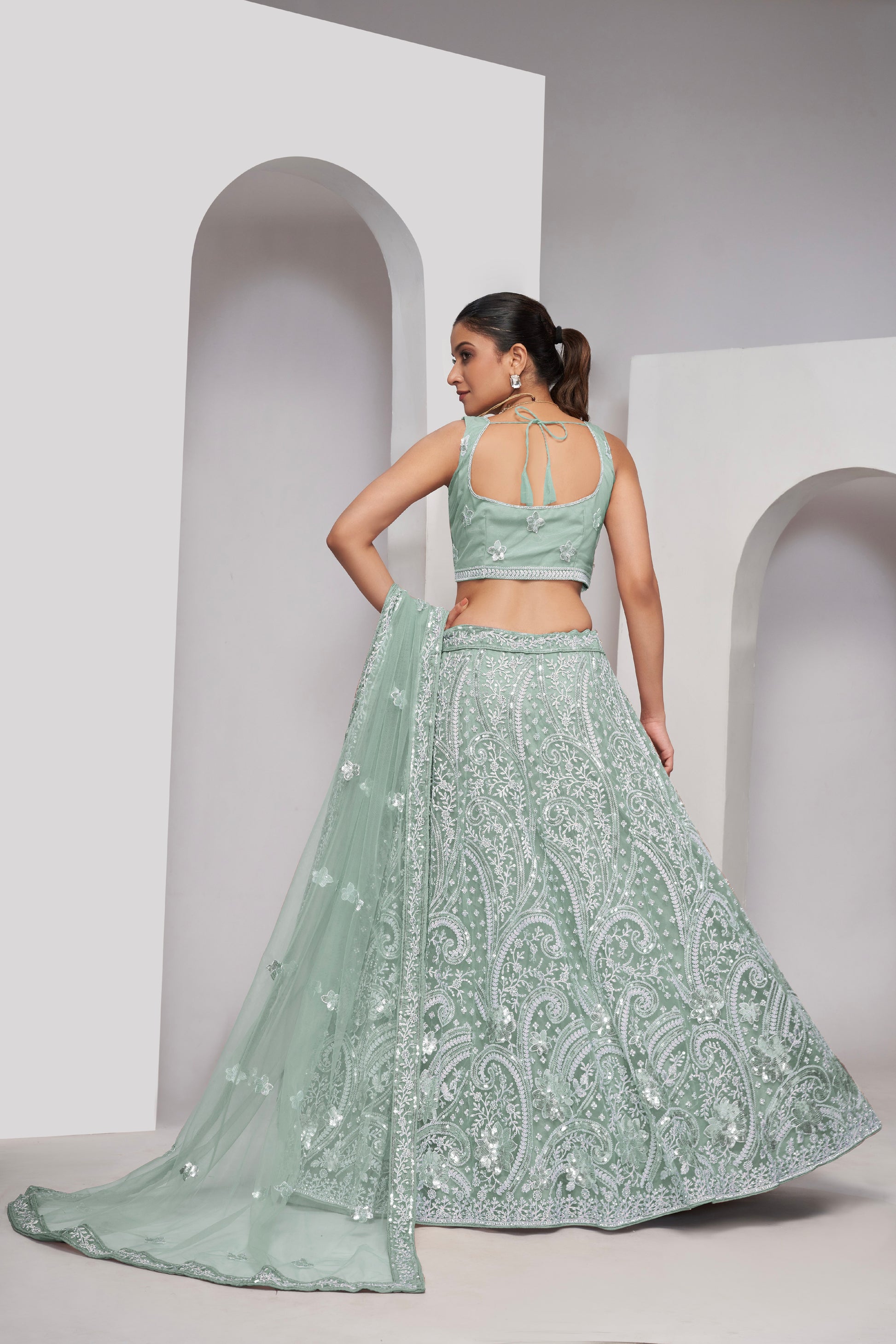 Sky Blue Floral Sequin Lehenga with Soft Net Dupatta