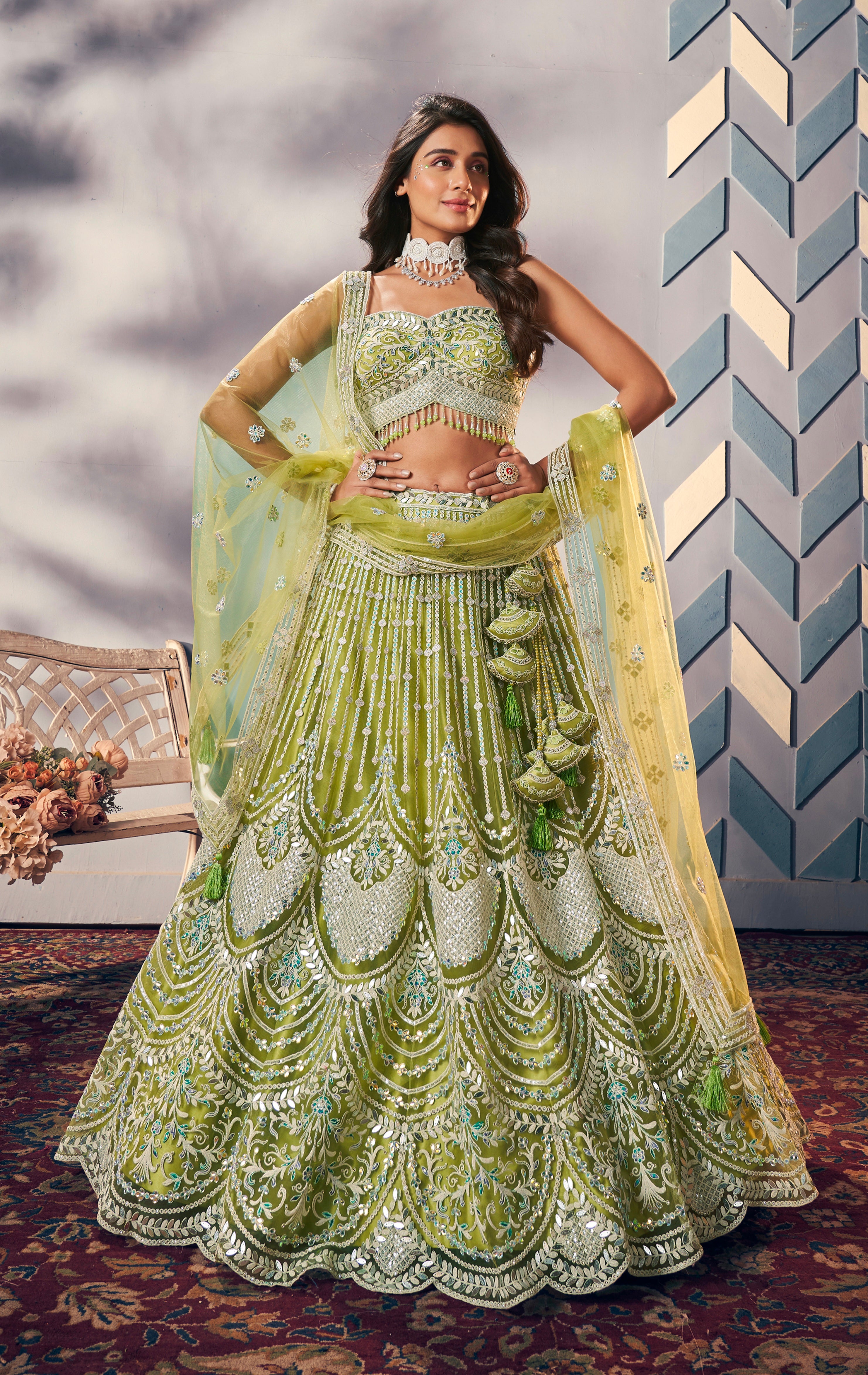 Elegant Lime Green Embroidered Designer Lehenga with Handwork Blouse and Net Dupatta