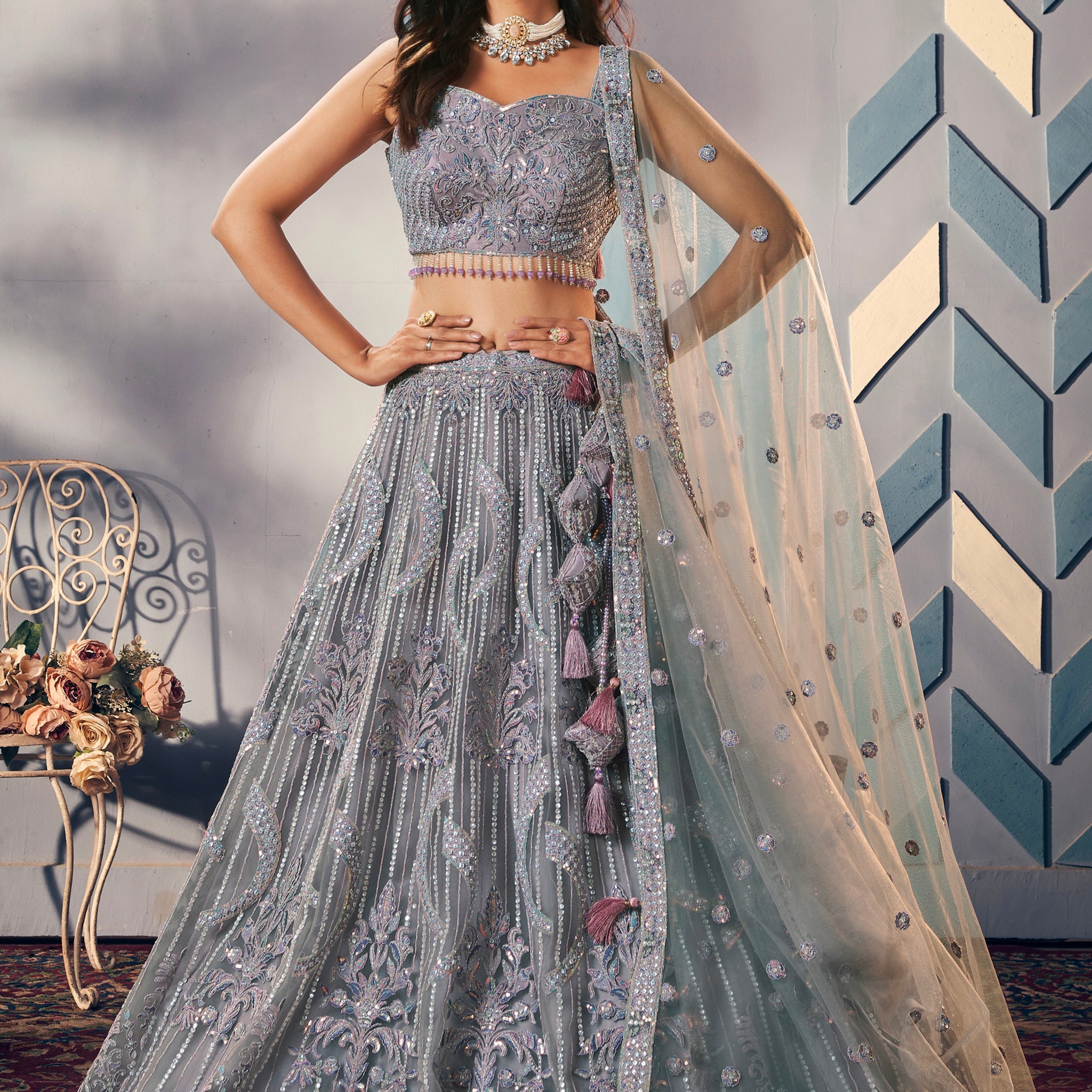 Exquisite Silver Embroidered Designer Lehenga with Handwork Blouse and Net Dupatta