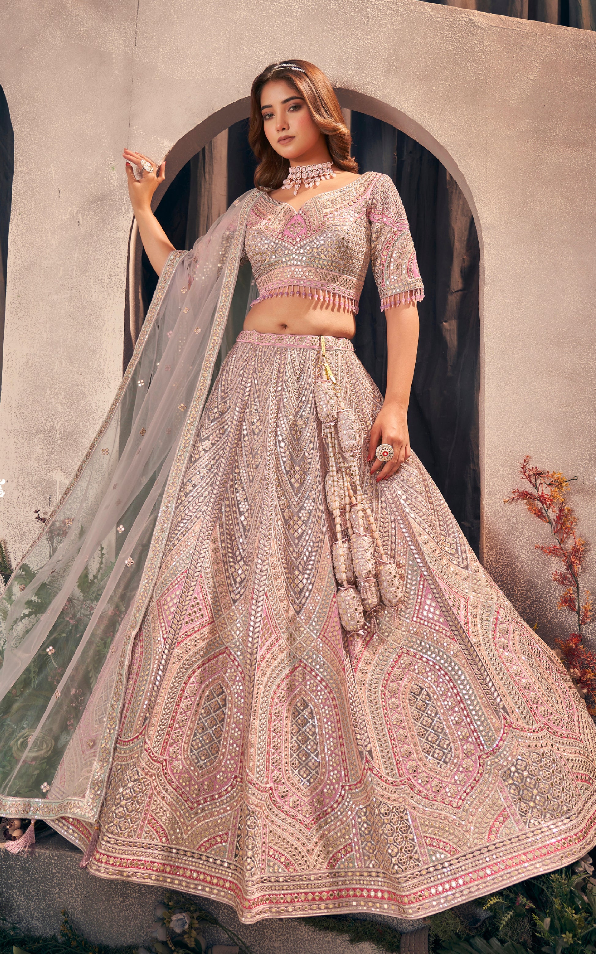 Pink designer bridal lehenga with gotapatti and hand work embroidery.