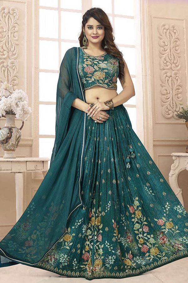 Green Digital Printed Wedding Lehenga Choli