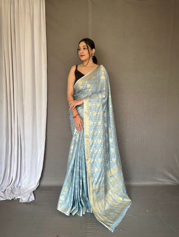 Beautiful Designer Party Wear Light Blue Soft Muslin Silk Saree