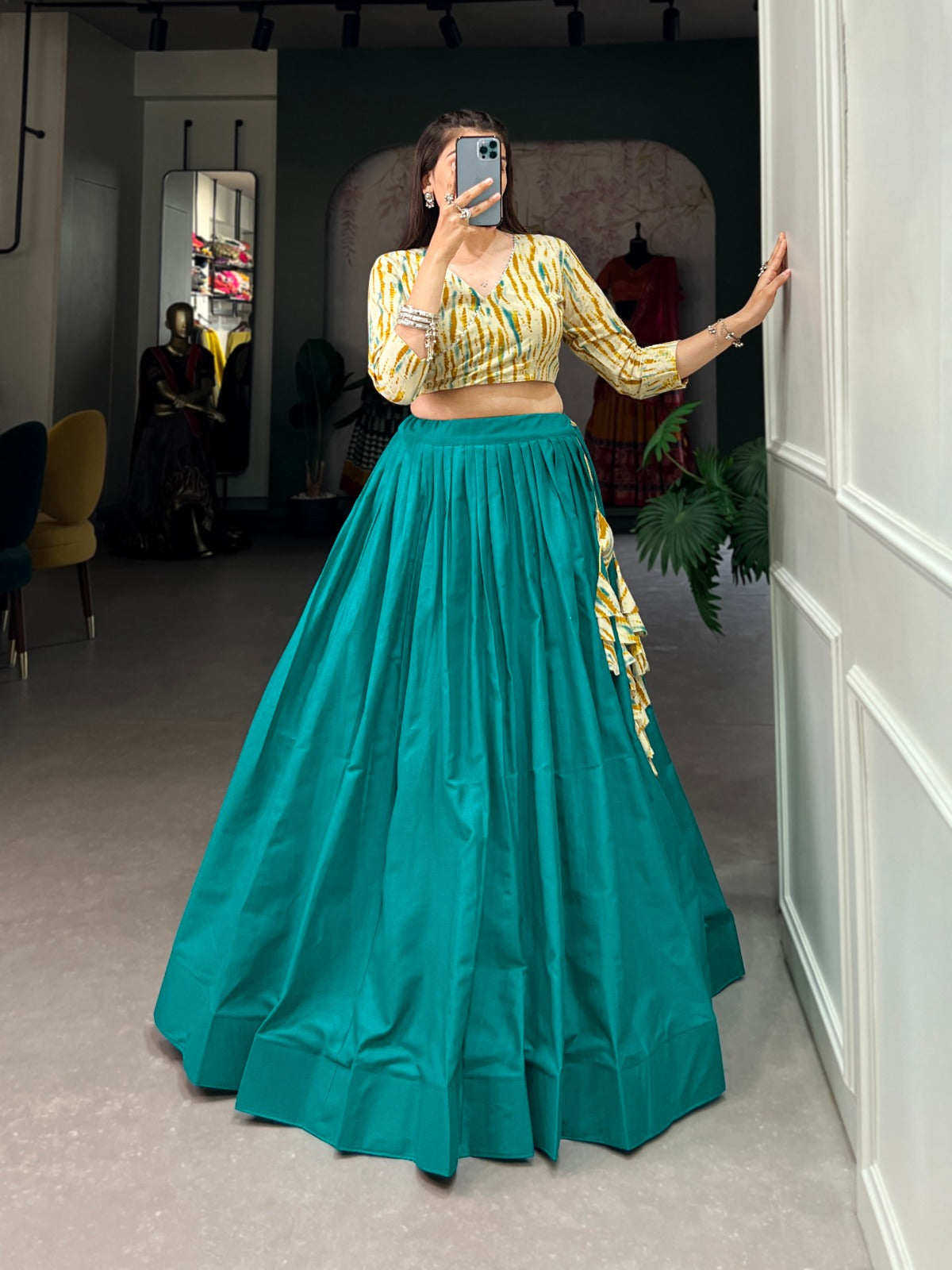 Party Wear Designer Teal Cottton Indo Western Lehenga Choli