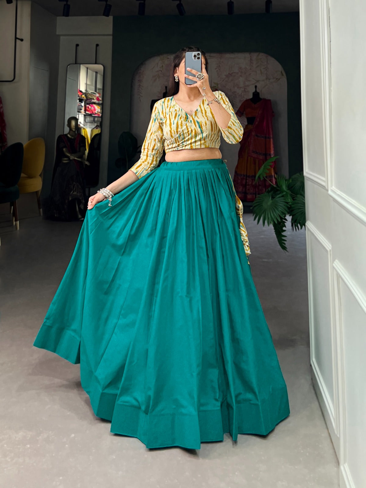 Party Wear Designer Teal Cottton Indo Western Lehenga Choli