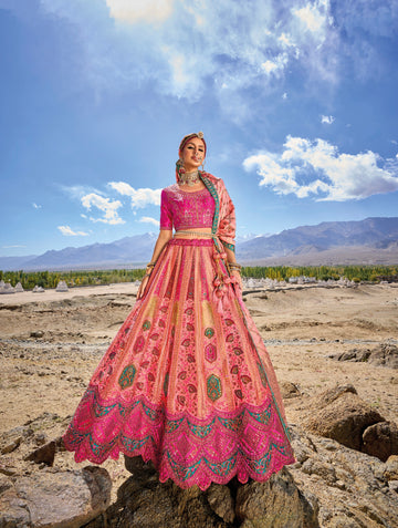 Woman wearing elegant pink Banarasi silk lehenga with embroidered blouse and georgette dupatta.