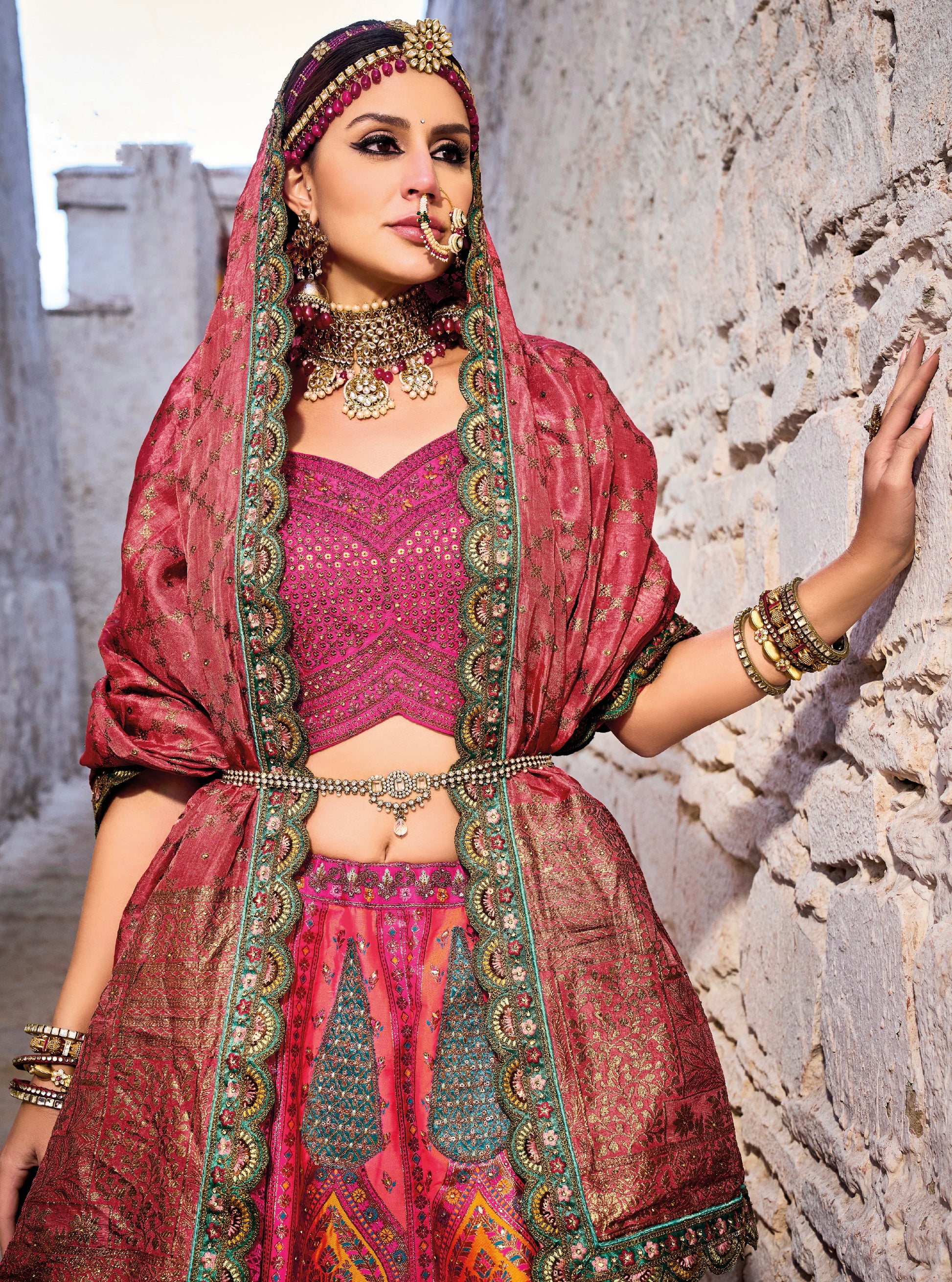 Stunning Vibrant Pink & Yellow Banarasi Silk Jacquard Lehenga