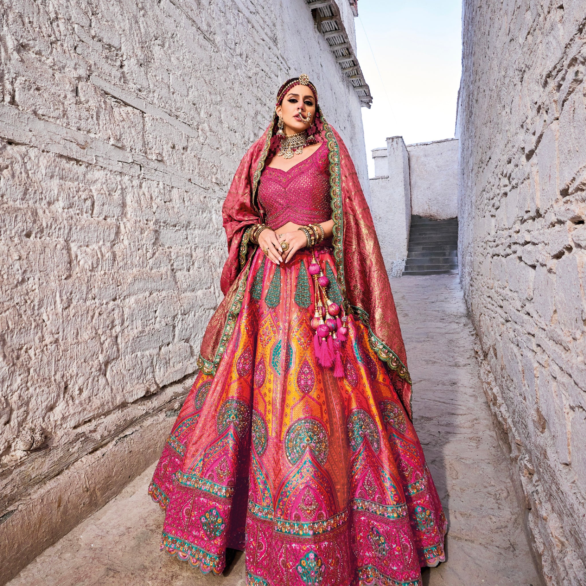 Stunning Vibrant Pink & Yellow Banarasi Silk Jacquard Lehenga