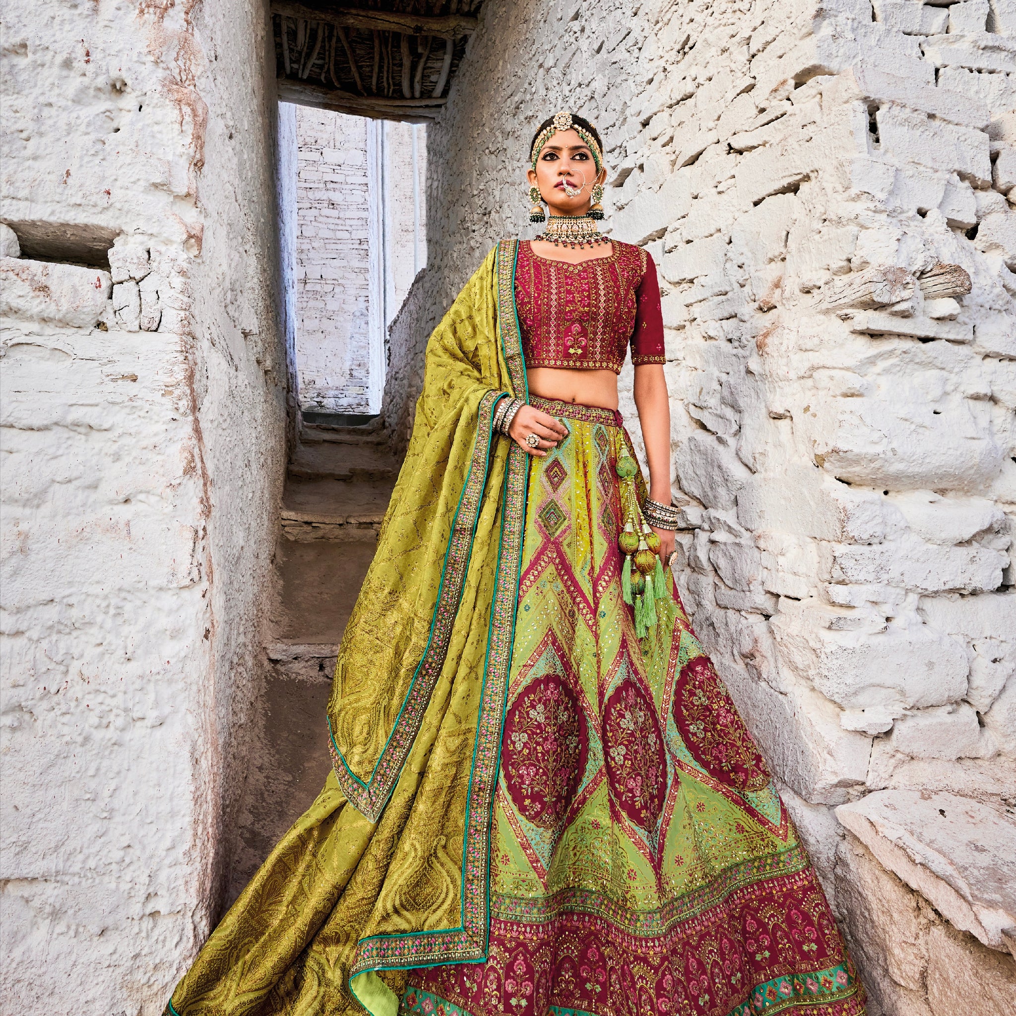 Elegant Green and Maroon Banarasi Silk Lehenga with Satin Blouse & Georgette Dupatta