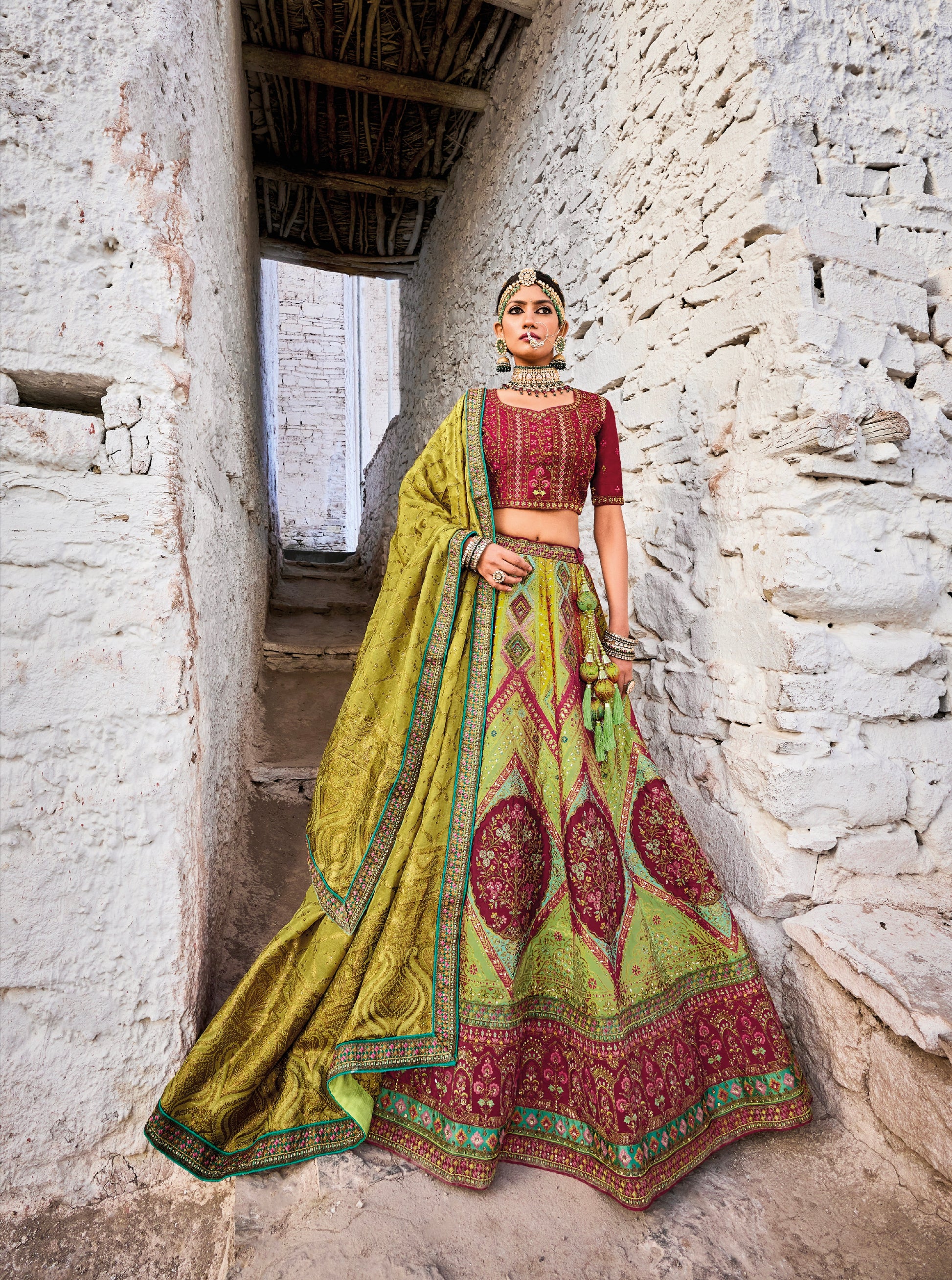 Elegant Green and Maroon Banarasi Silk Lehenga with Satin Blouse & Georgette Dupatta