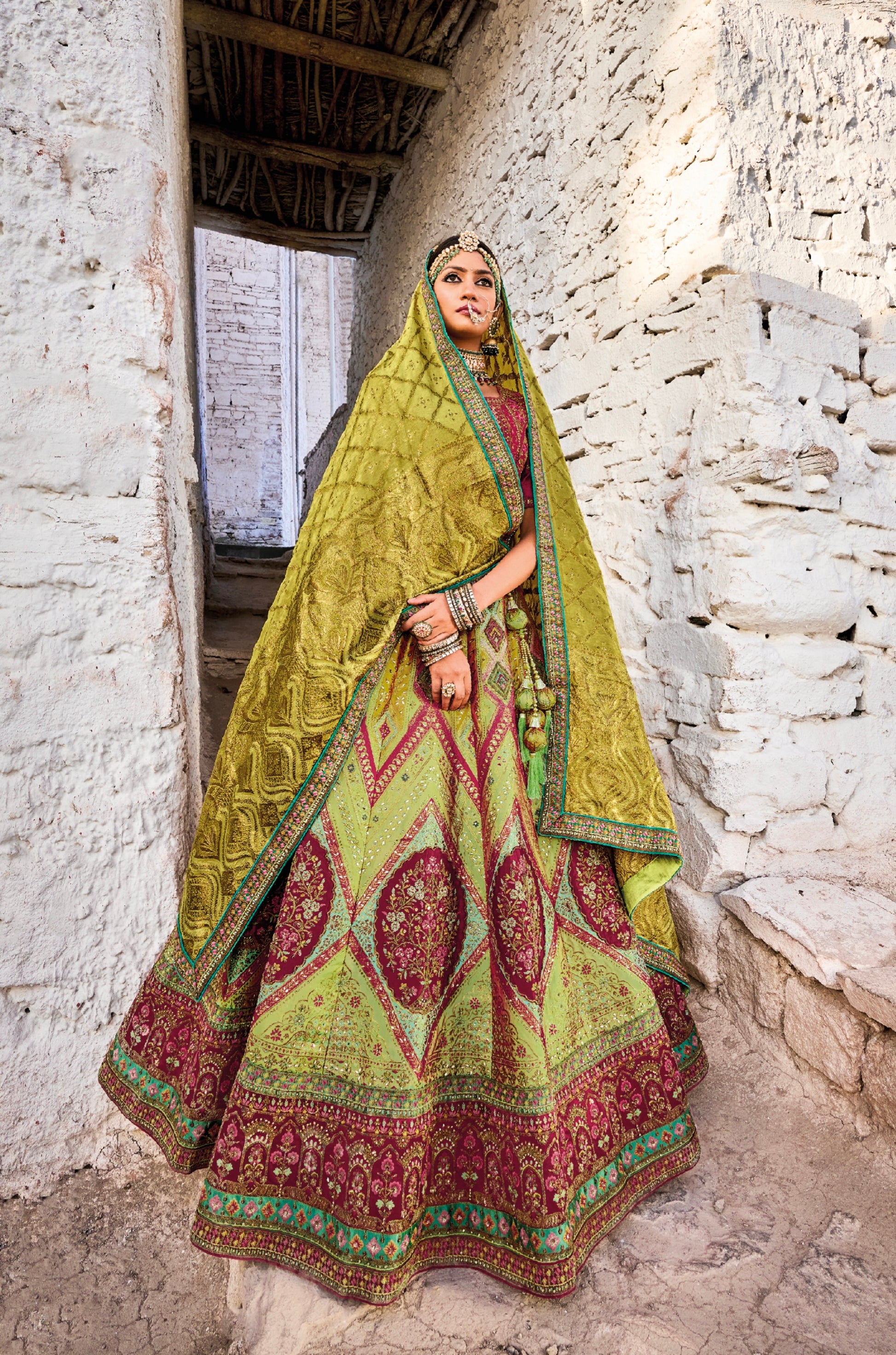 Elegant Green and Maroon Banarasi Silk Lehenga with Satin Blouse & Georgette Dupatta