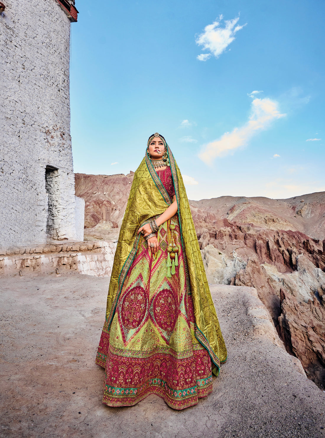 Elegant Green and Maroon Banarasi Silk Lehenga with Satin Blouse & Georgette Dupatta