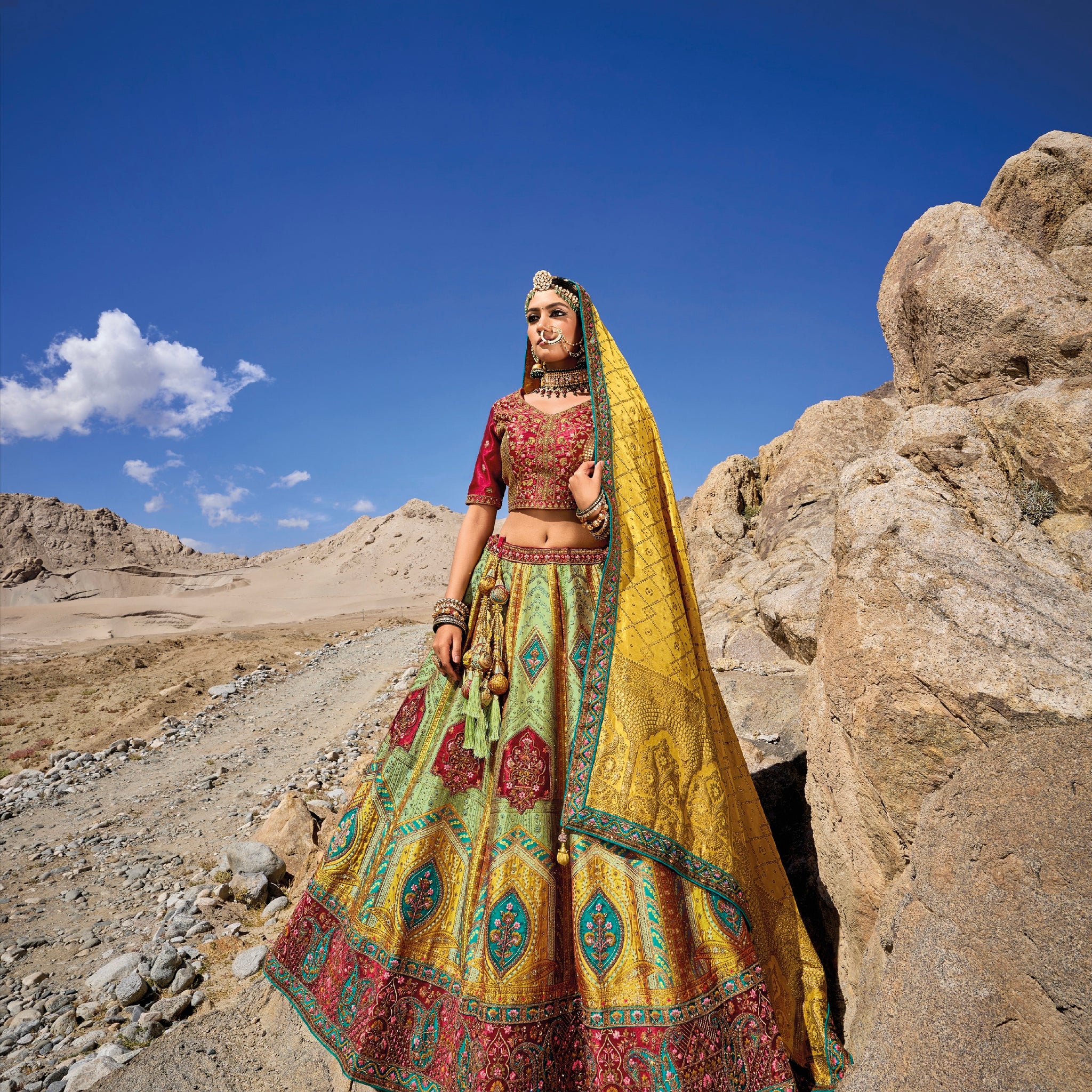 Stunning Yellow & Maroon Banarasi Silk Lehenga with Satin Blouse