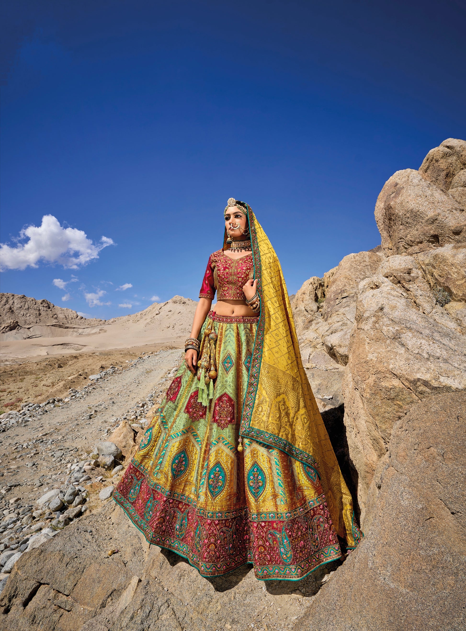 Stunning Yellow & Maroon Banarasi Silk Lehenga with Satin Blouse