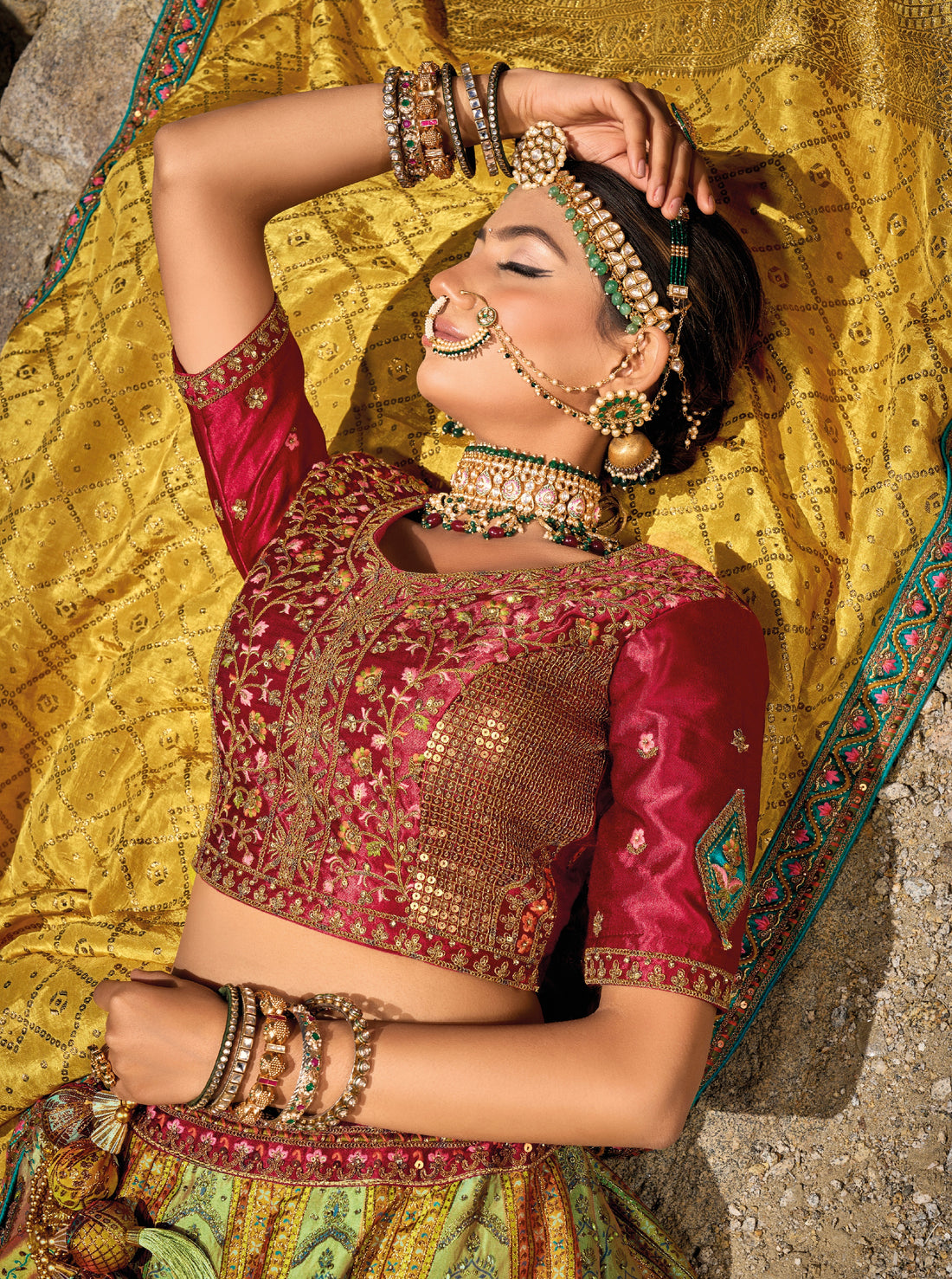 Stunning Yellow & Maroon Banarasi Silk Lehenga with Satin Blouse