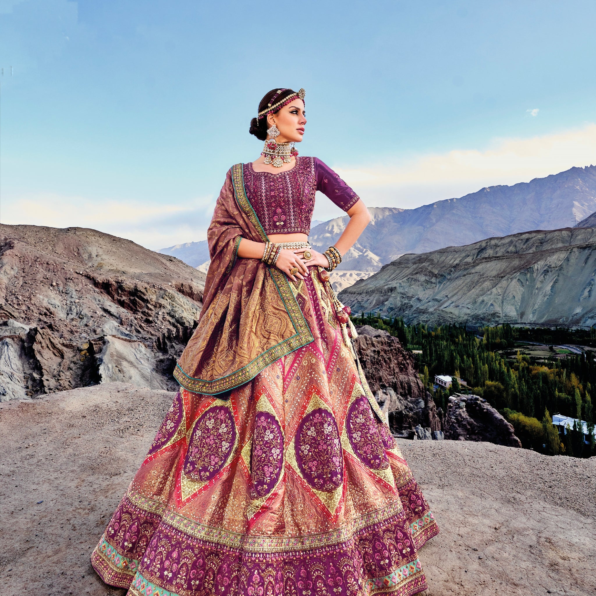 Gorgeous Purple & Peach Banarasi Silk Lehenga with Satin Blouse