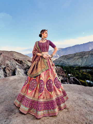 Gorgeous Purple & Peach Banarasi Silk Lehenga with Satin Blouse