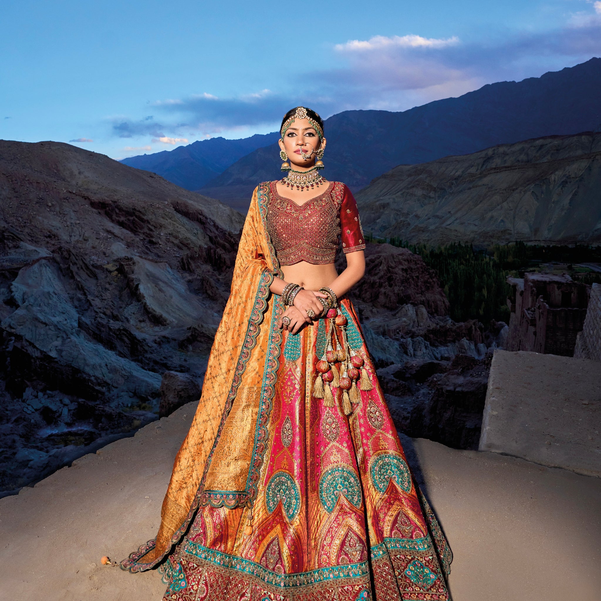 Multicolor Banarasi silk jacquard lehenga with Gajji satin blouse and georgette viscose dupatta