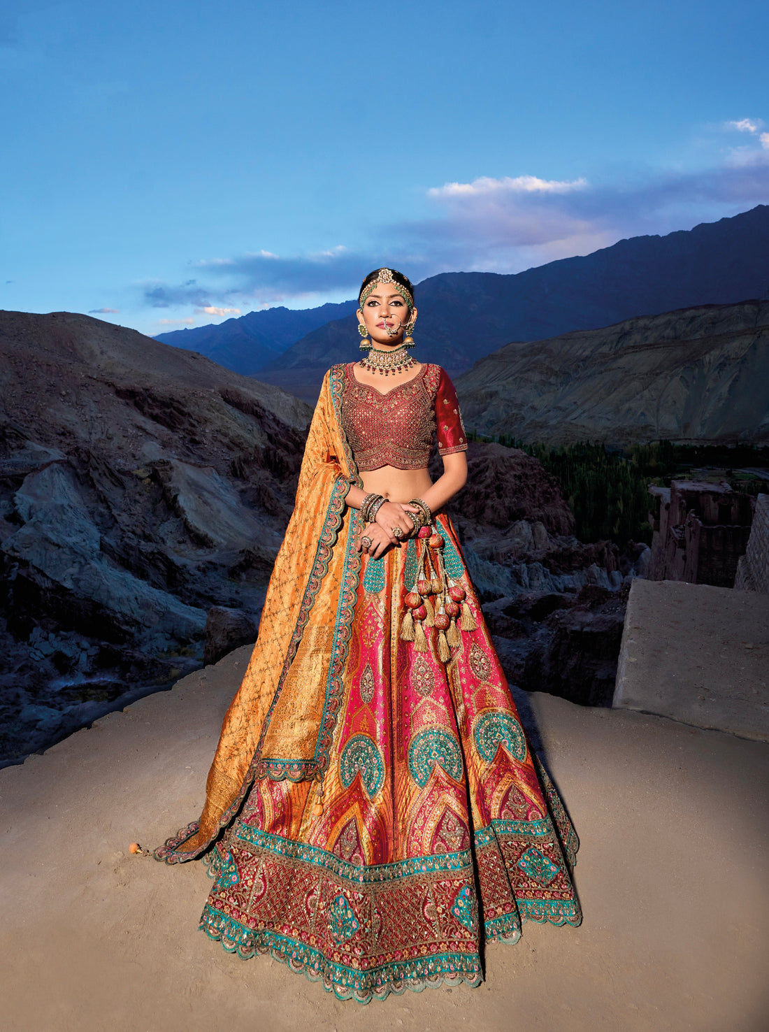 Multicolor Banarasi silk jacquard lehenga with Gajji satin blouse and georgette viscose dupatta