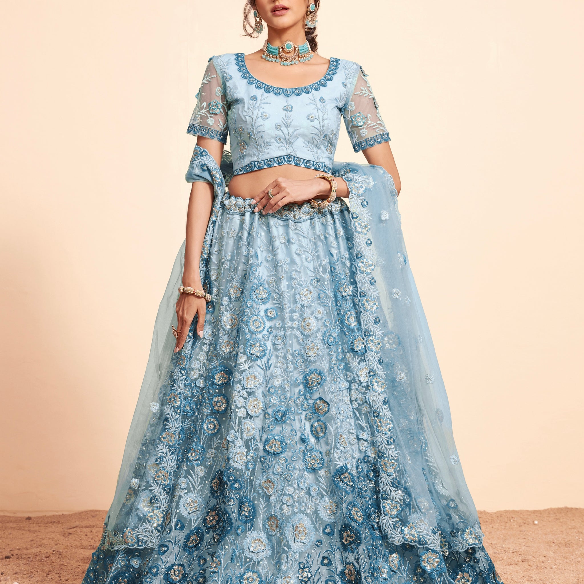 Elegant blue net lehenga with heavy embroidery and zarkan work.