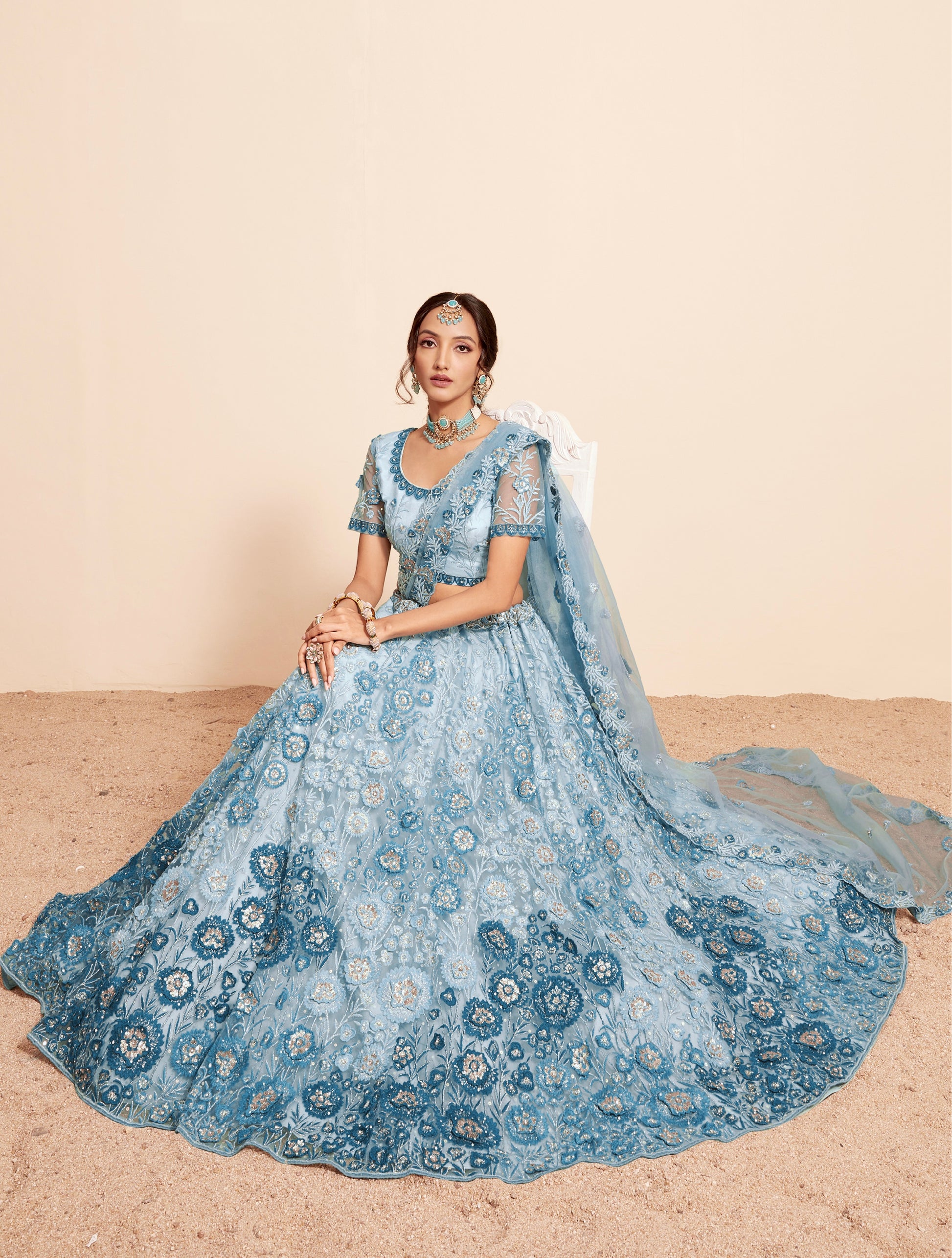 Elegant blue net lehenga with heavy embroidery and zarkan work.