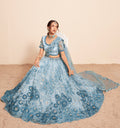 Elegant blue net lehenga with heavy embroidery and zarkan work.