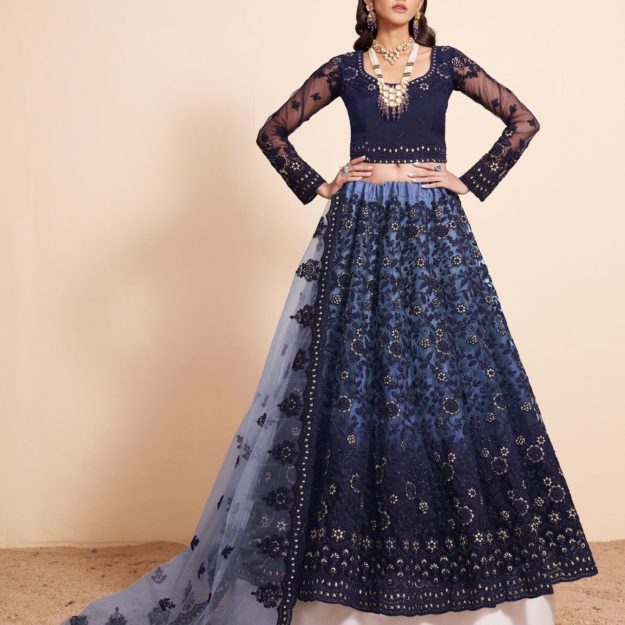 Navy Blue Net Lehenga Choli Set with Heavy Stone Work Embellishment