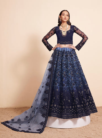 Navy Blue Net Lehenga Choli Set with Heavy Stone Work Embellishment