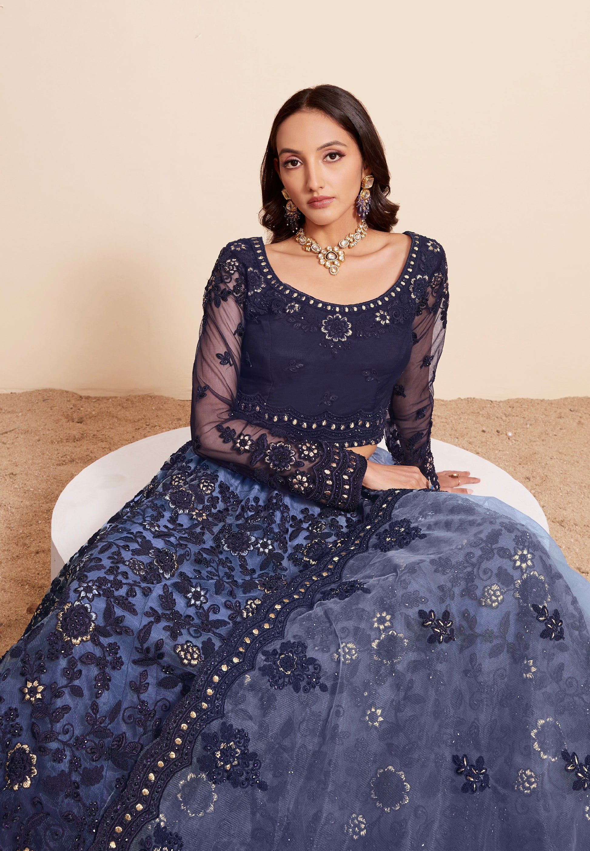 Navy Blue Net Lehenga Choli Set with Heavy Stone Work Embellishment