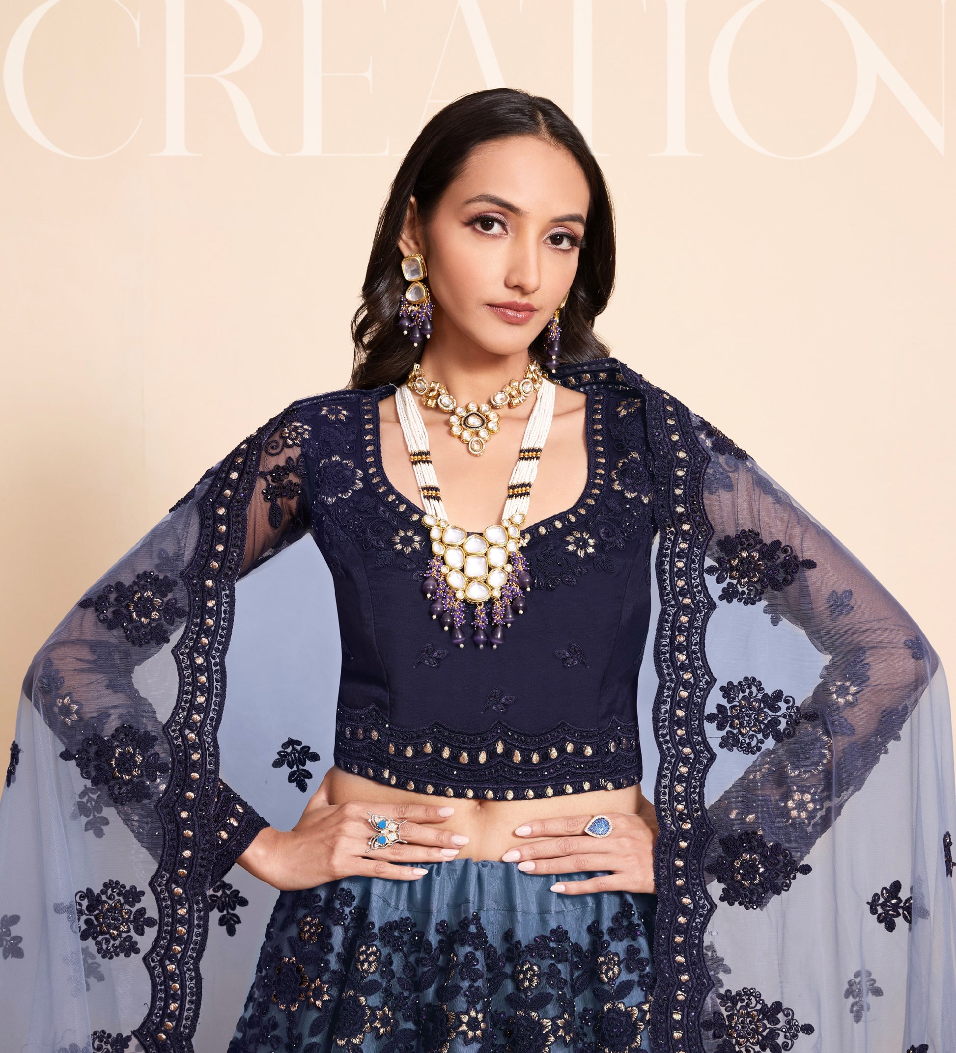 Navy Blue Net Lehenga Choli Set with Heavy Stone Work Embellishment