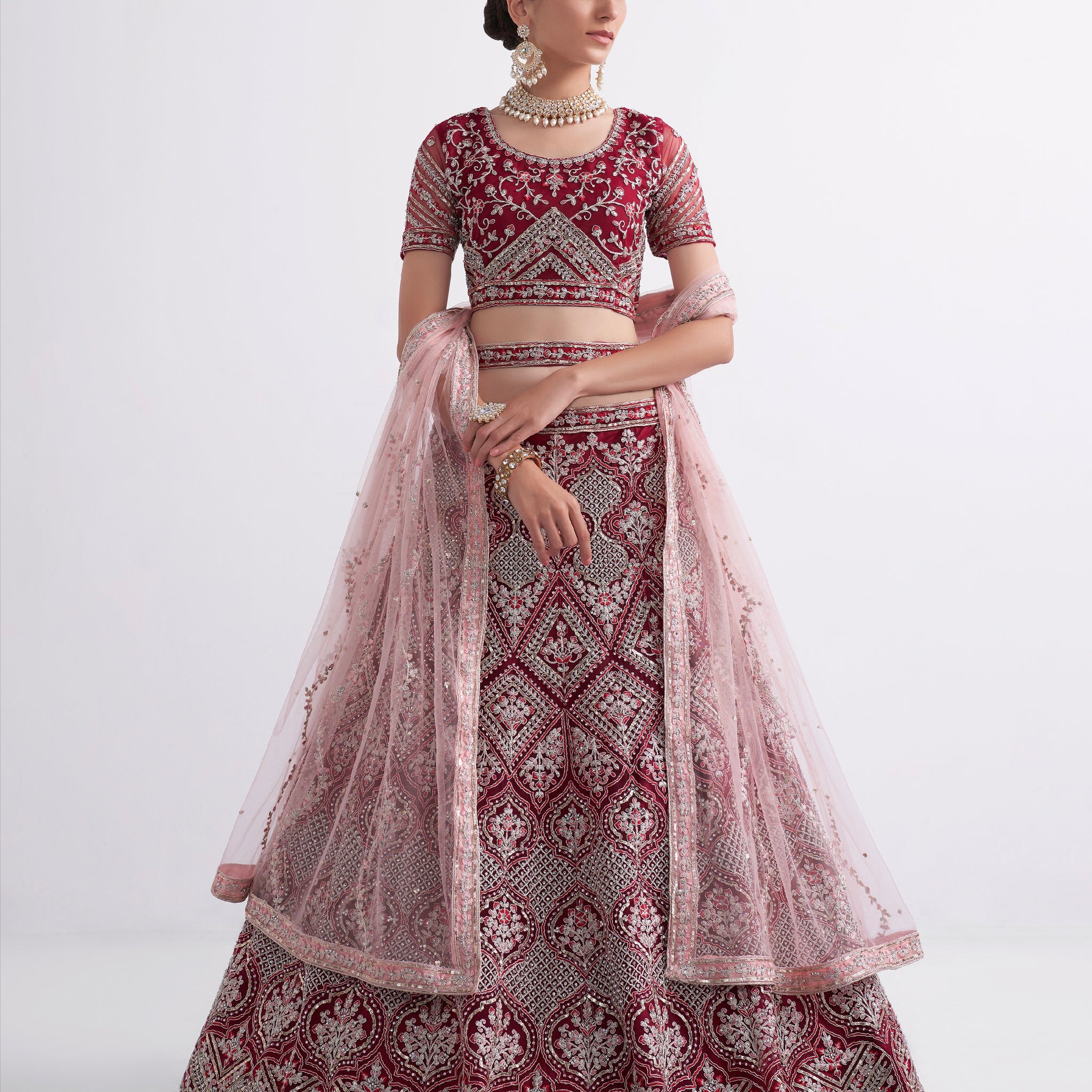 Maroon Net Lehenga Choli Set with Heavy Stone Work Embellishment