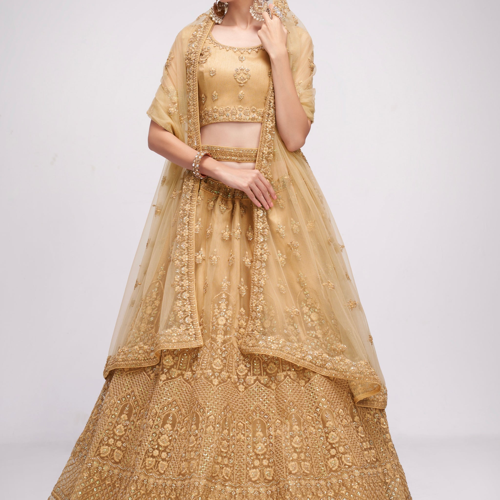 Luxurious golden net lehenga with intricate embroidery and stone embellishments.