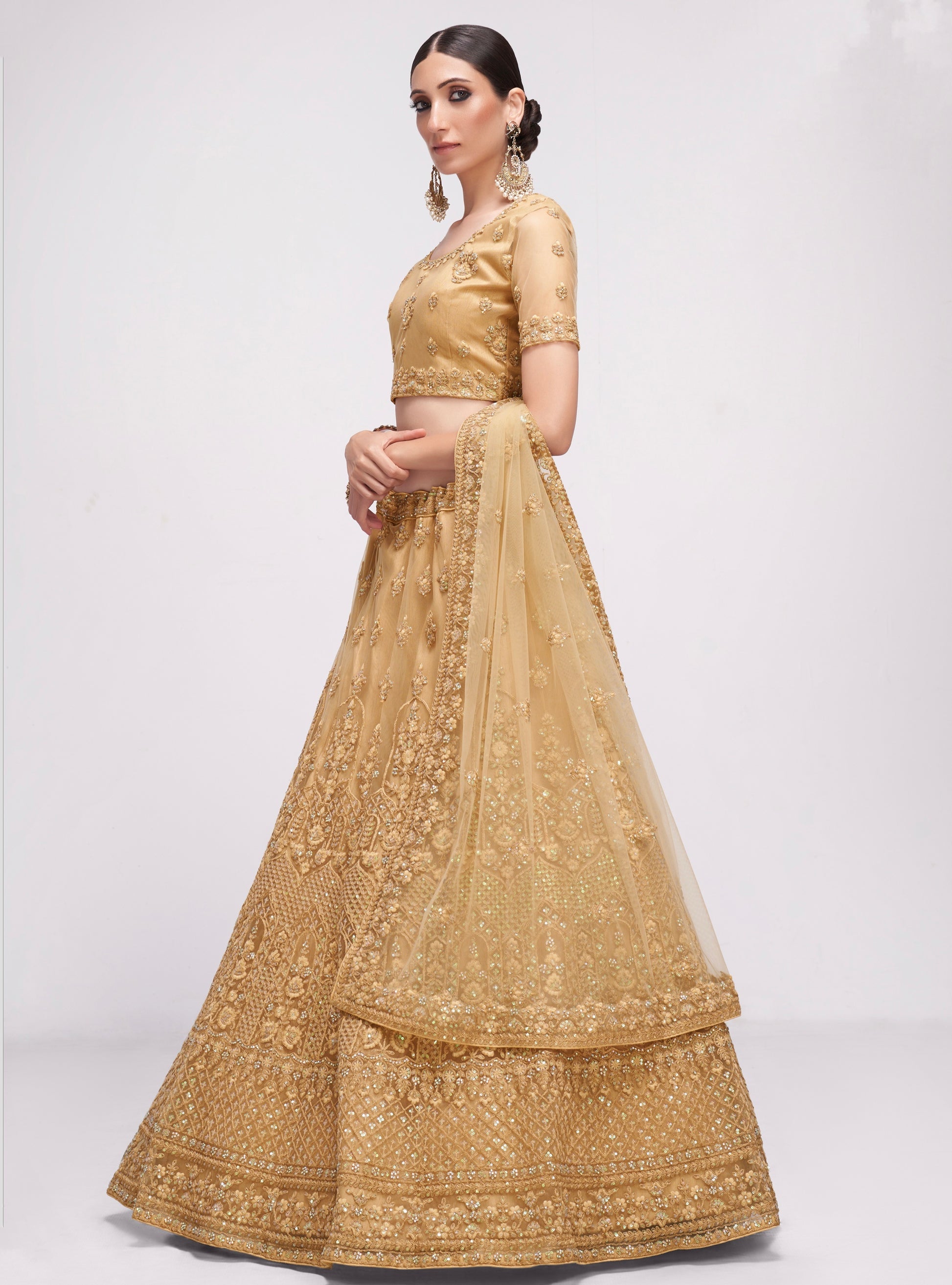 Luxurious golden net lehenga with intricate embroidery and stone embellishments.