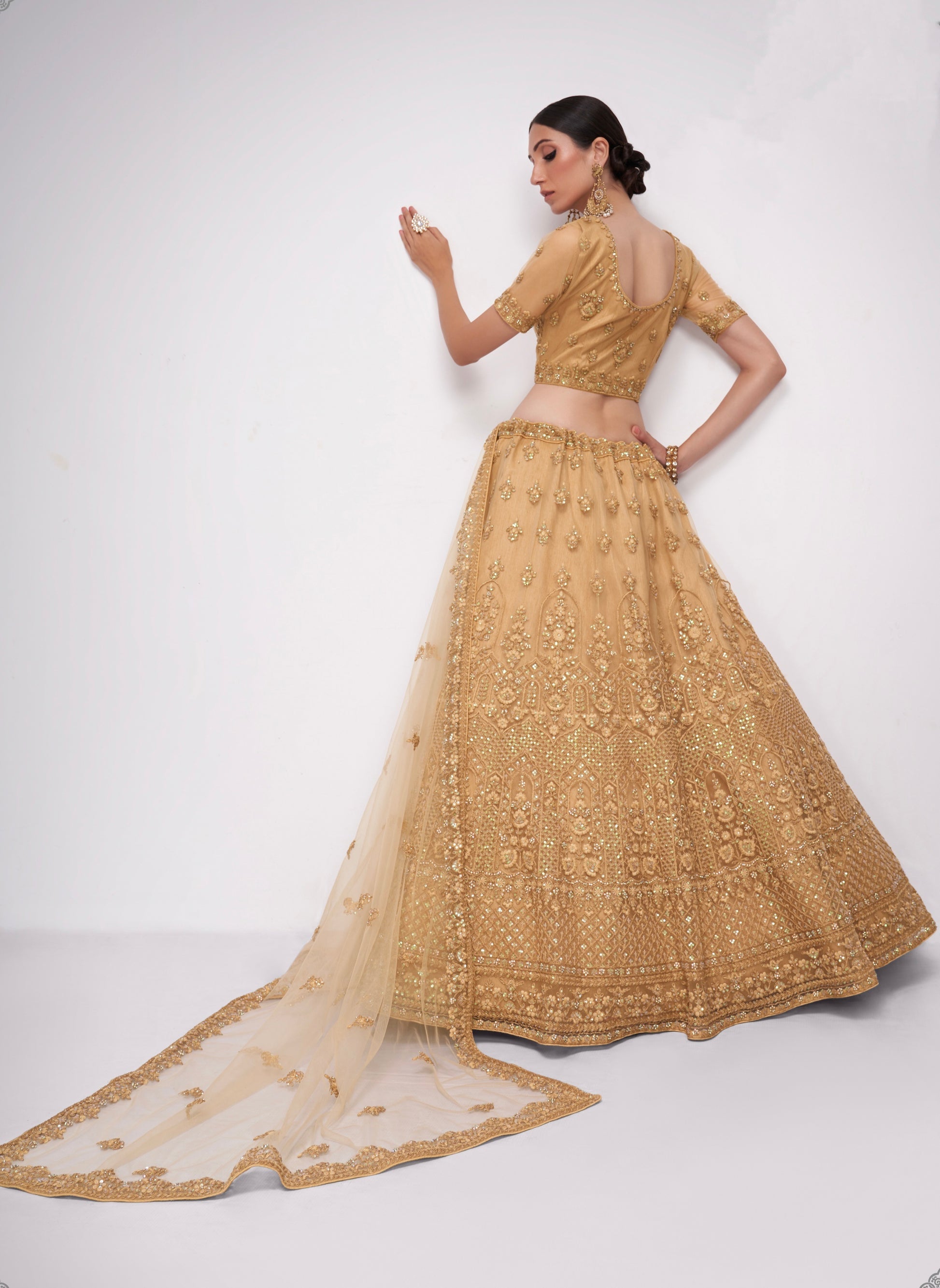 Luxurious golden net lehenga with intricate embroidery and stone embellishments.