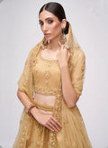 Luxurious golden net lehenga with intricate embroidery and stone embellishments.