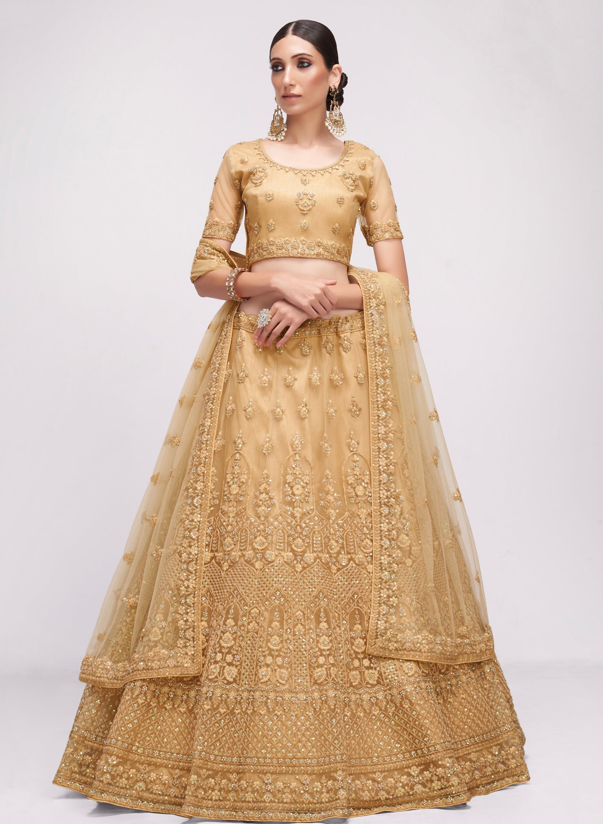 Luxurious golden net lehenga with intricate embroidery and stone embellishments.