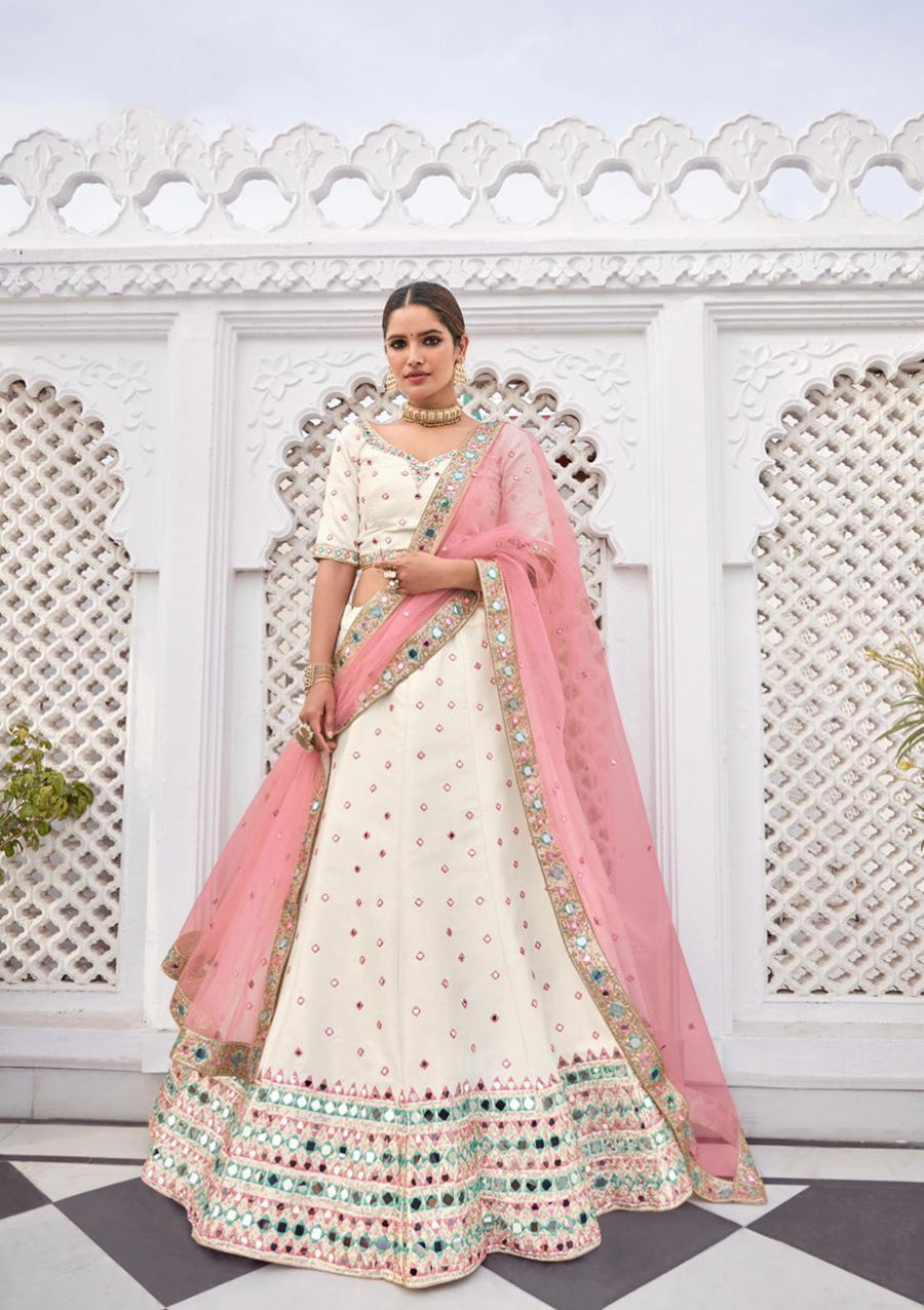 Off-white and pink mirror work bridal lehenga choli