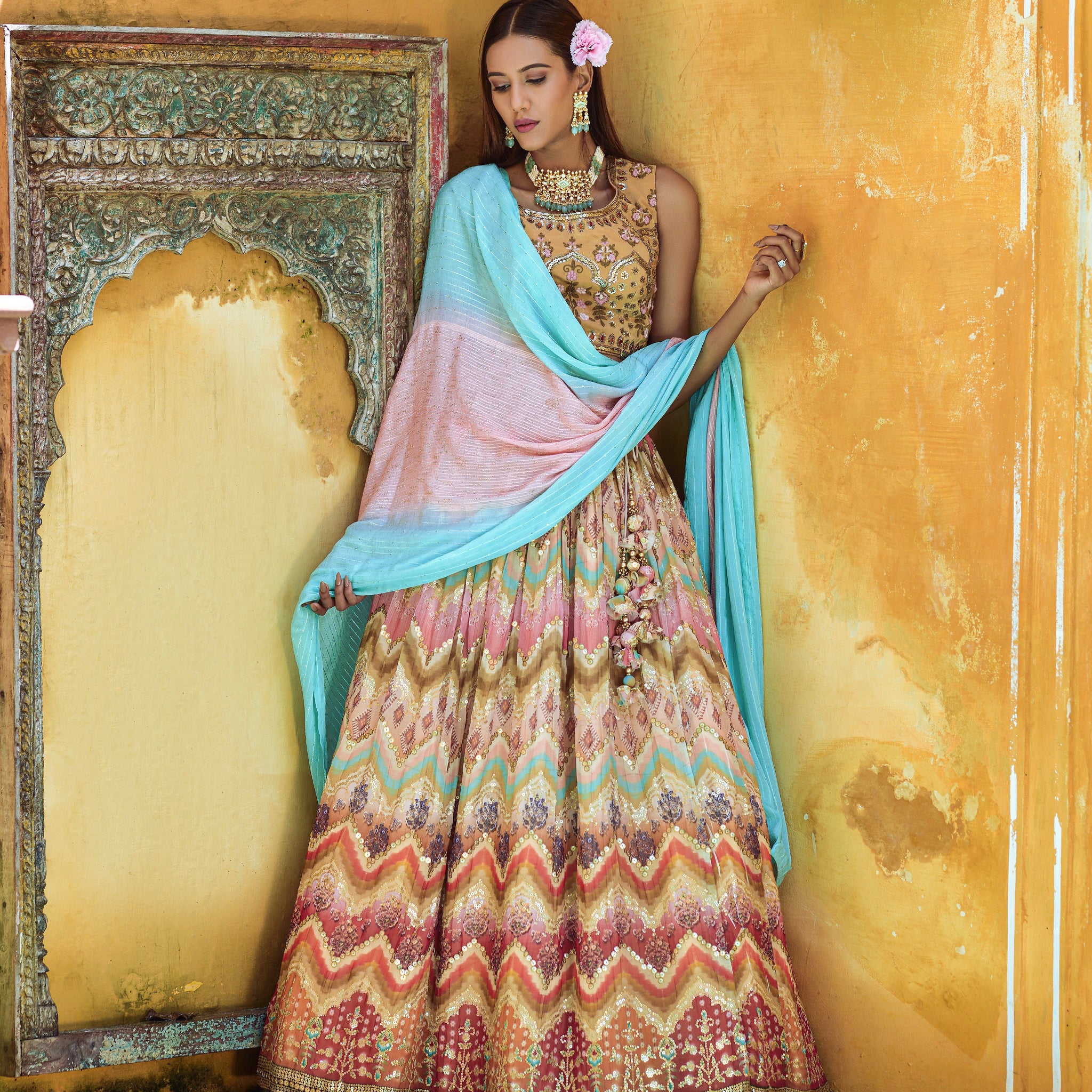 Multi-color pure viscose lehenga with digital print and sequence work

