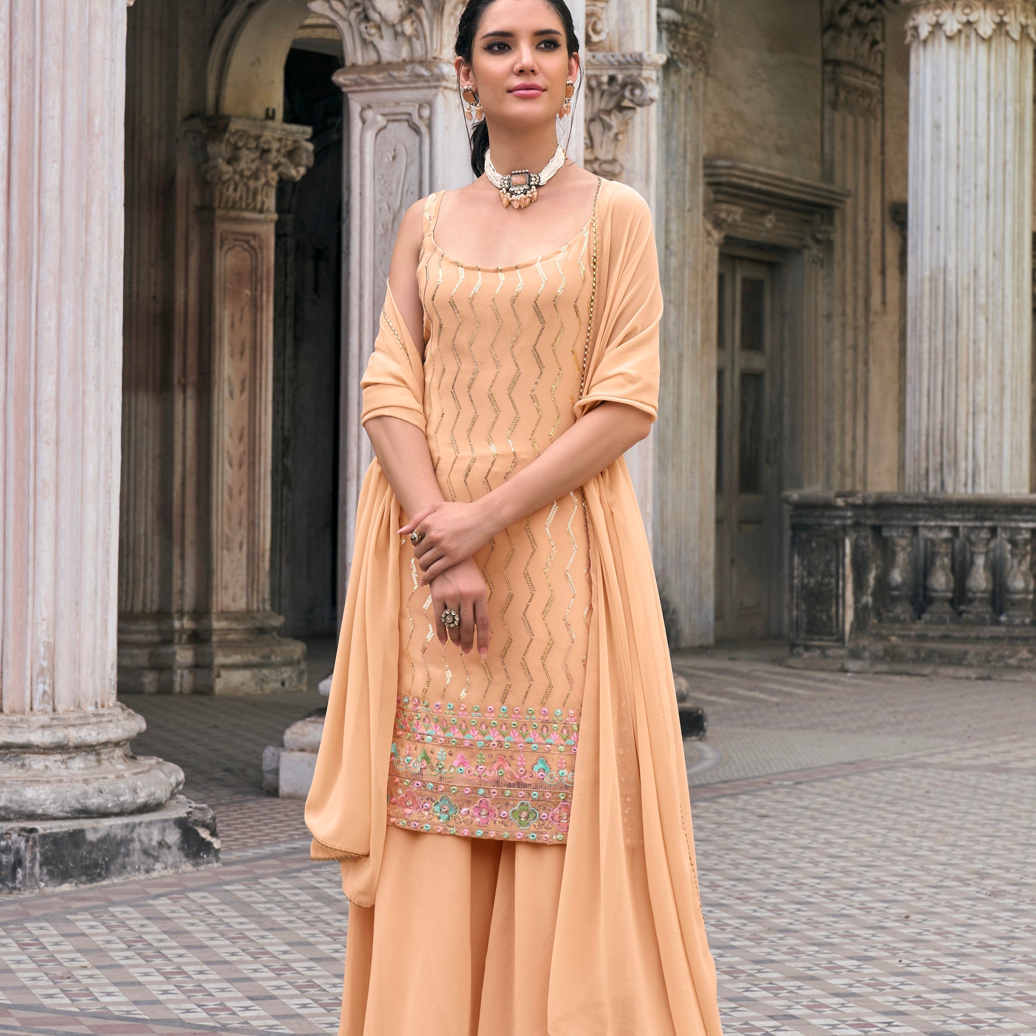 Elegant Peach Sharara Suit with Embroidery and Sequence Work