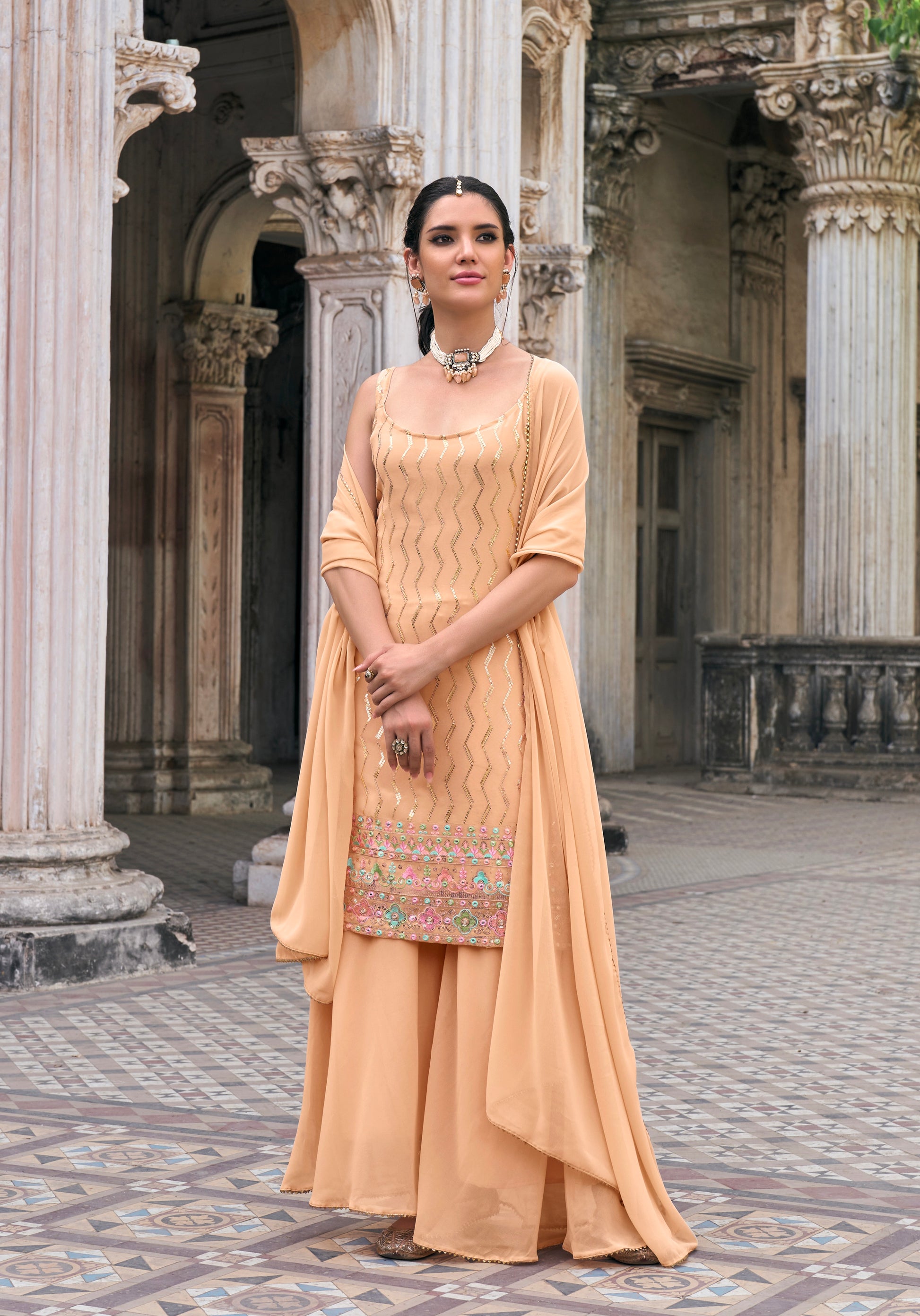 Elegant Peach Sharara Suit with Embroidery and Sequence Work