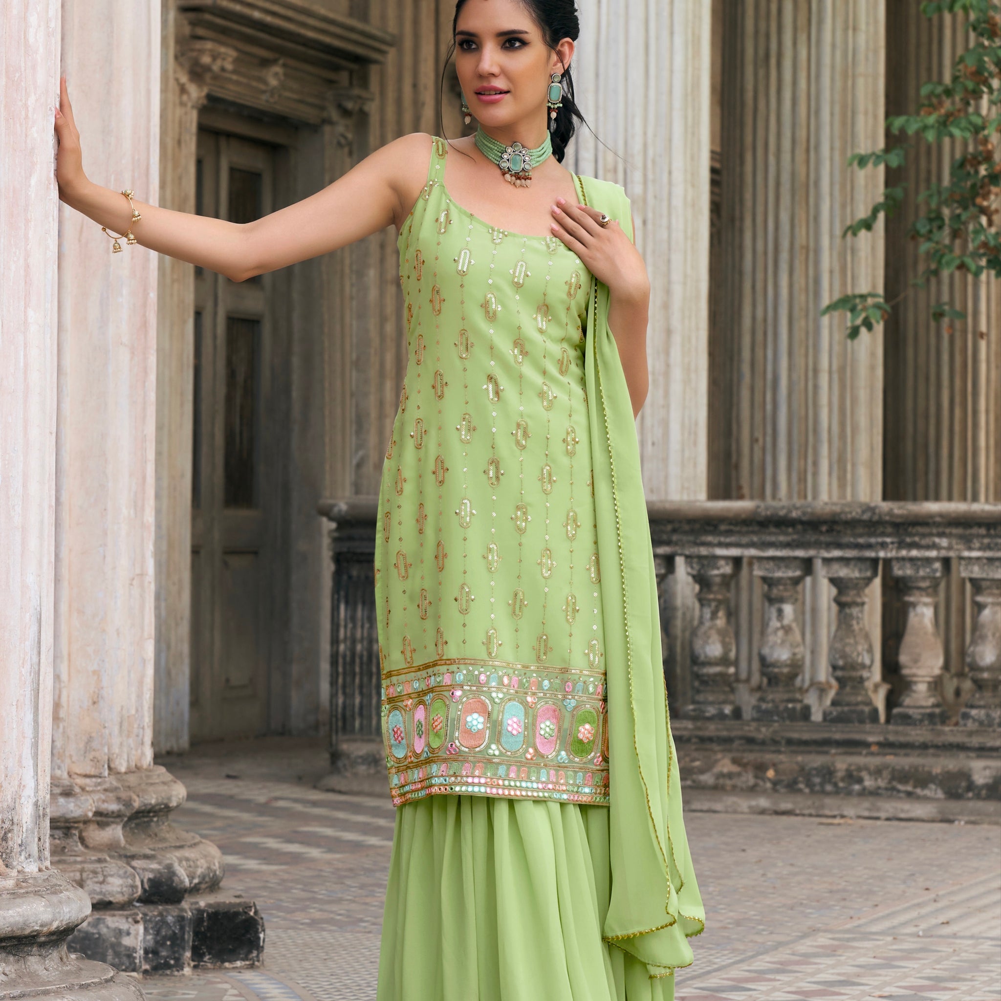 Elegant Green Sharara Suit with Embroidery and Sequence Work