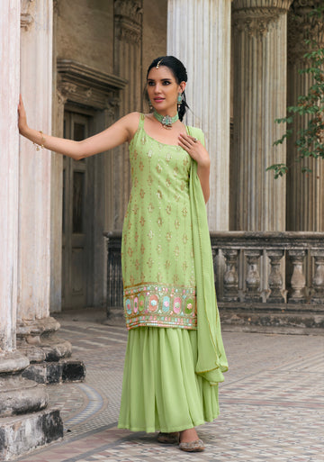 Elegant Green Sharara Suit with Embroidery and Sequence Work