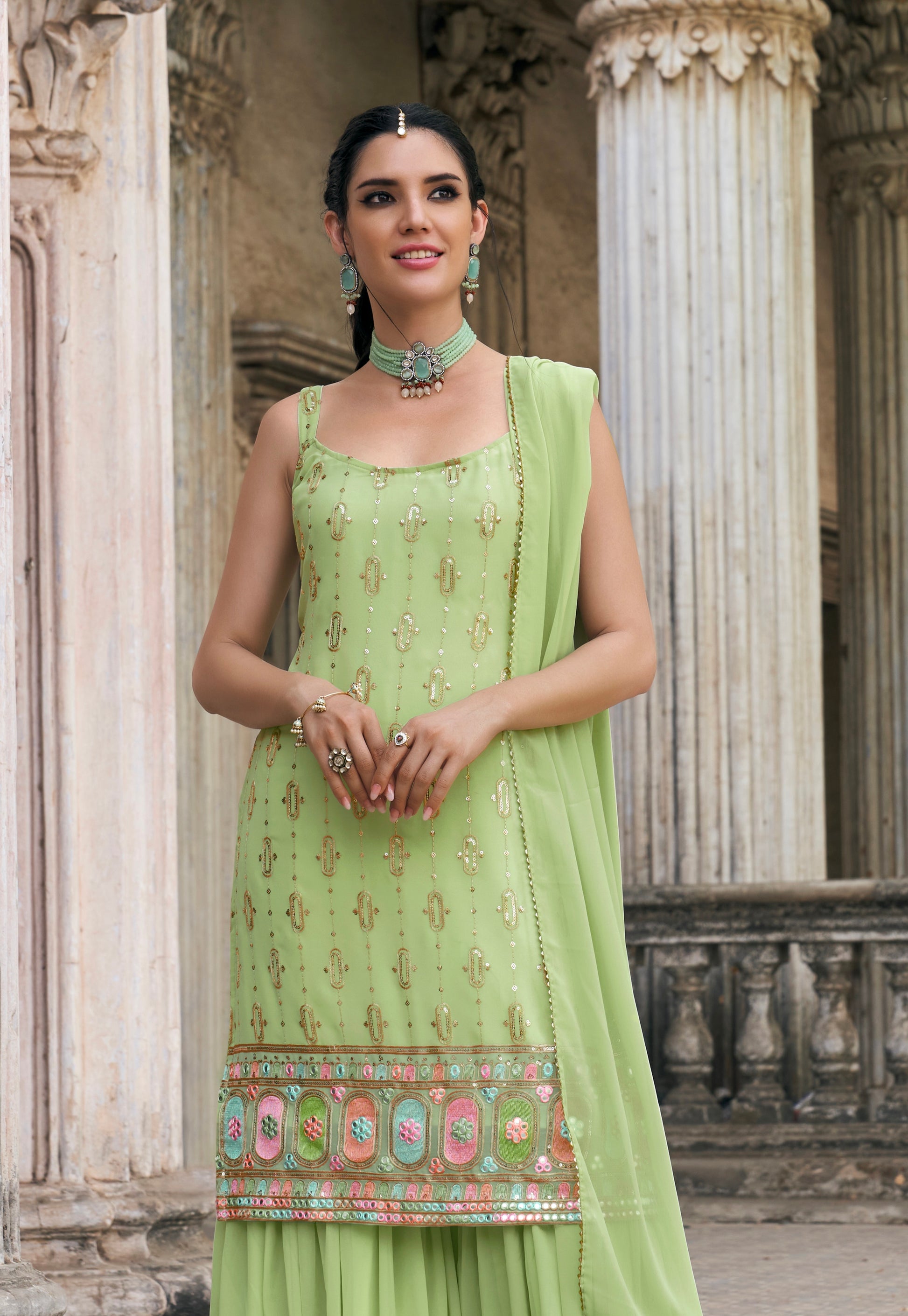 Elegant Green Sharara Suit with Embroidery and Sequence Work